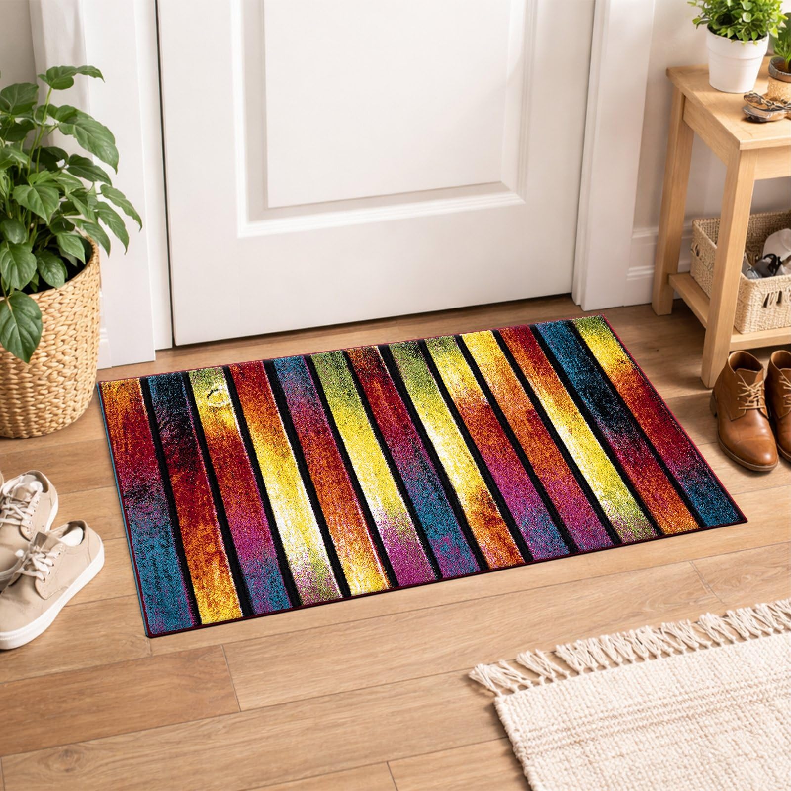 cozily® Medium Pile Colourful Door Mat Large, Kitchen Floor Mats Multi Rug - 60 x 110 cm, Stripes - Washable Doormat Indoor Rug for Entrance & Welcome Mat