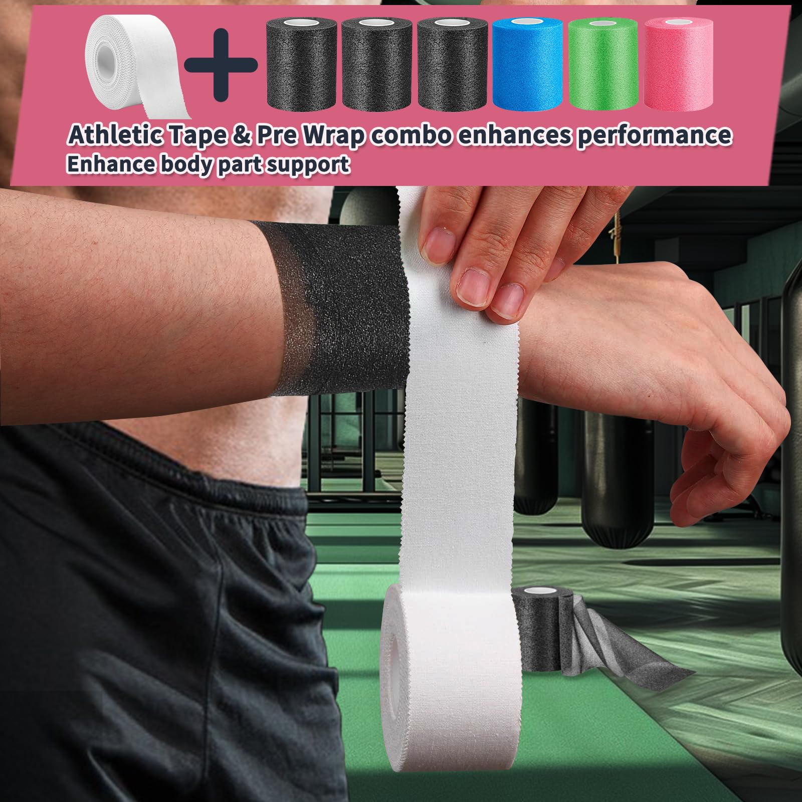 6 rollos de 234 pies de largo, cinta preenvolvente atlética multicolor, preenvoltura deportiva de espuma, negro, rosa, azul, verde