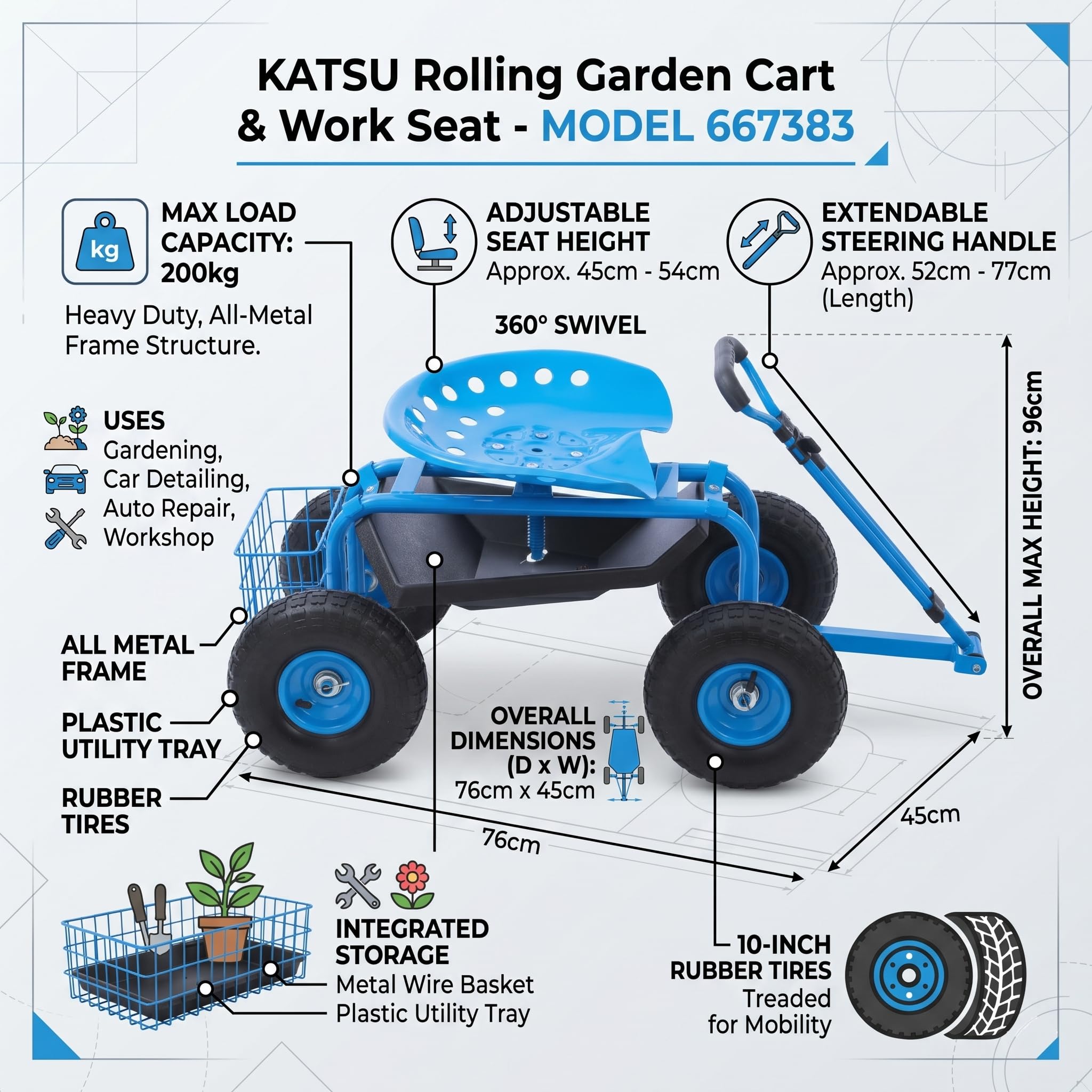 KATSU Tools Carrito de jardín rodante con mango de dirección extensible, bandeja de herramientas de utilidad, asiento de trabajo giratorio de 360° y altura ajustable, carrito de taburete de taller
