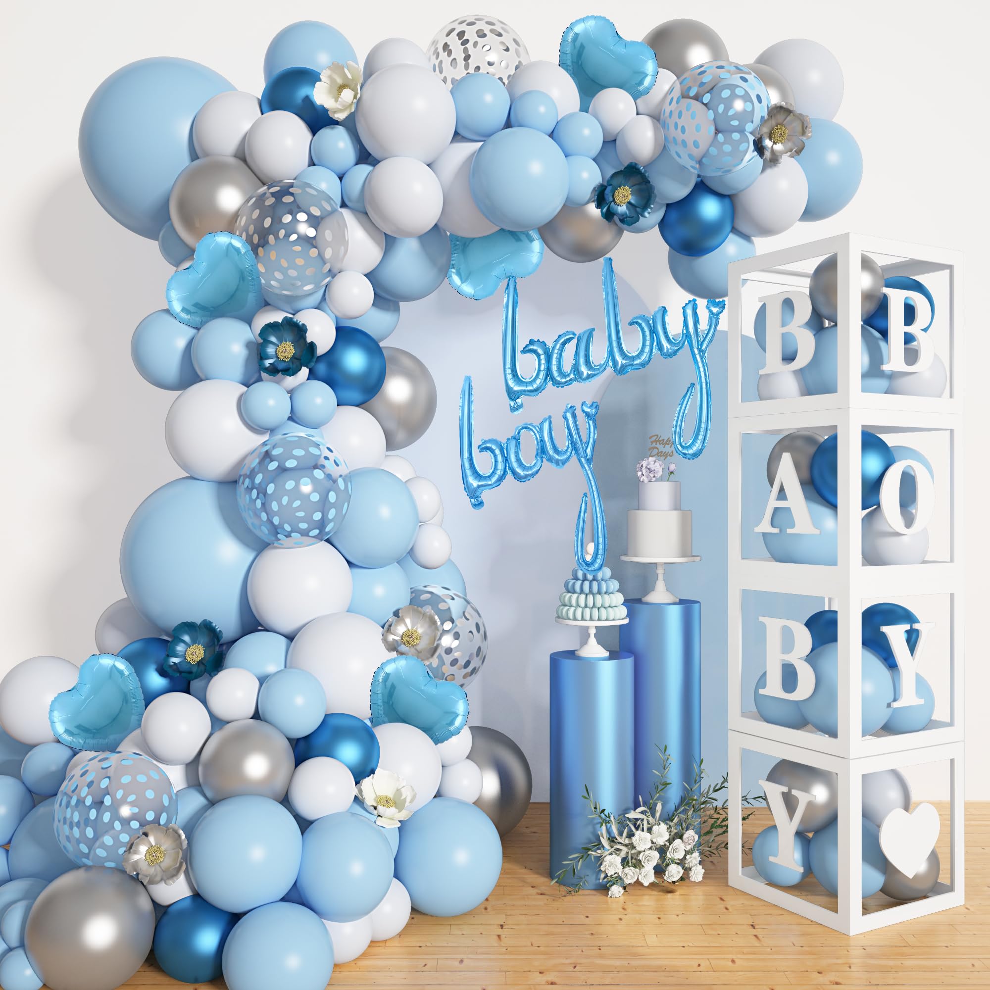 Amandir 137pcs Baby Blue Balloons Baby Shower Decorations for Boy with Baby Boxes, White Blue Balloon Arch Kit Baby Boxes with Letter (A-Z+Baby+Boy)