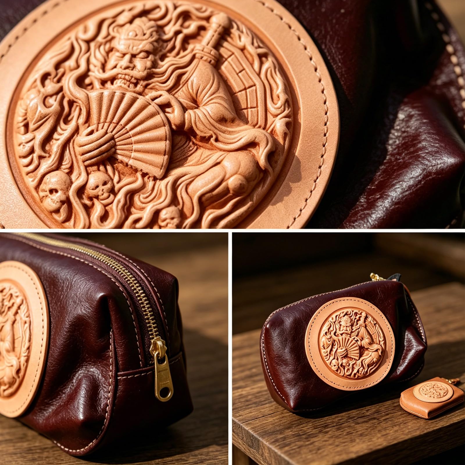 Bolsa De Teléfono En Piel Genuina, Real, Clutch De Zhong Kui Tallada A Mano, Bolsa Retro En De Vaca Grano Superior, Bolsa Almacenamiento con Diseño De Dios Chino En Relieve