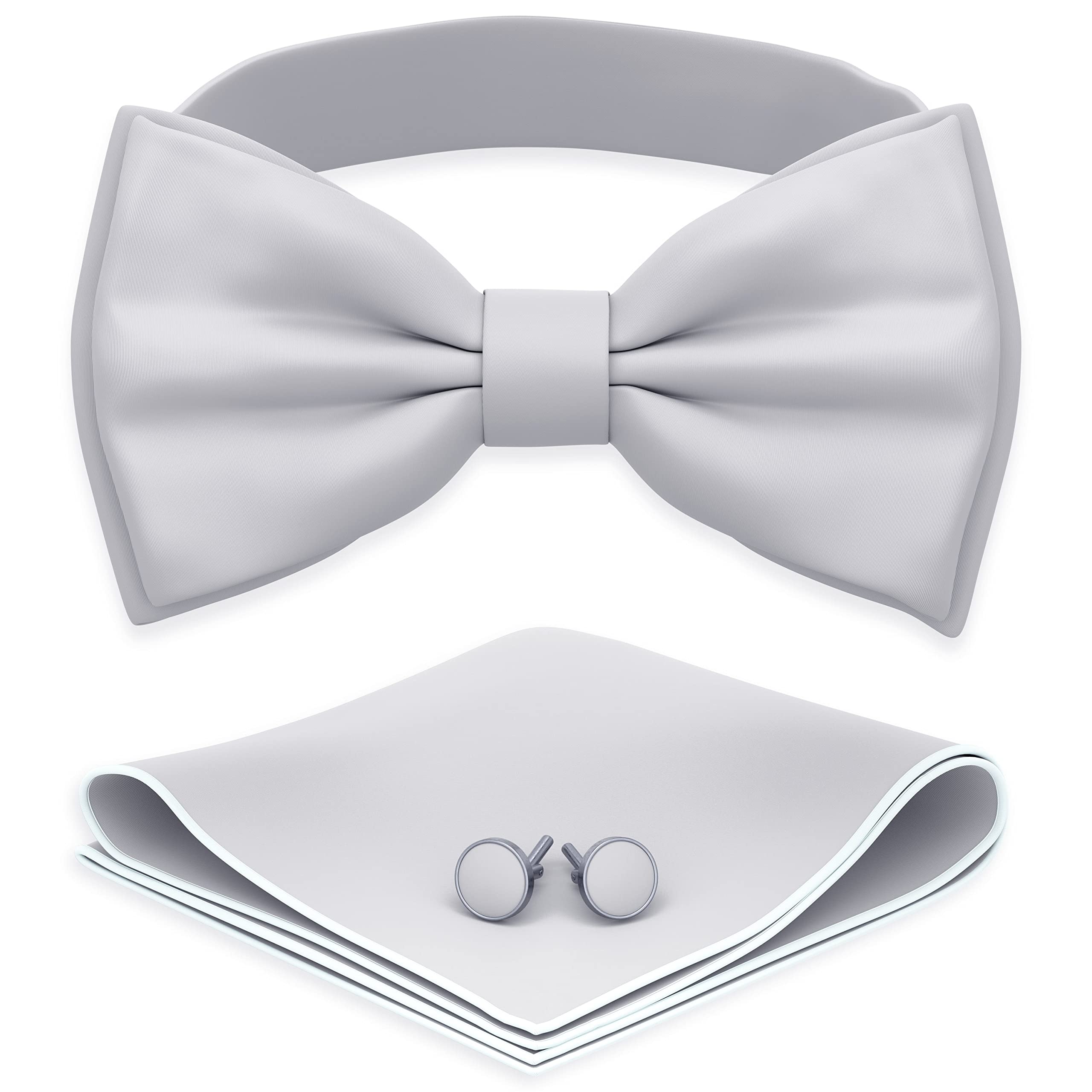 Adam Young Men's Bow Ties with Handkerchief &amp; Cufflinks Pre-Tied Style Formal Satin Classic Bowtie for Tuxedo Faux Silk