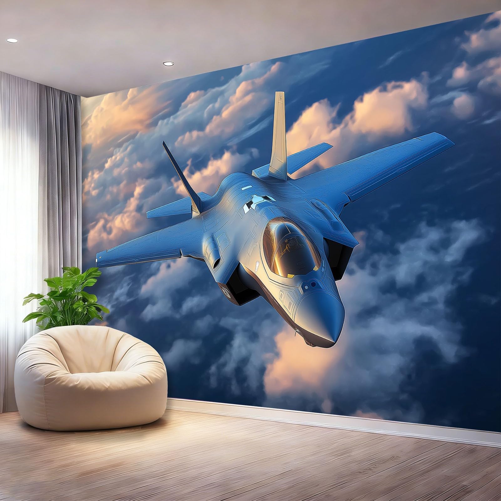 Tapeta z motywem 250 x 175 cm, nowoczesny motyw myśliwca, wodoszczelna dekoracja ścienna do pokoju młodzieżowego i kącika gamingowego, niebieska