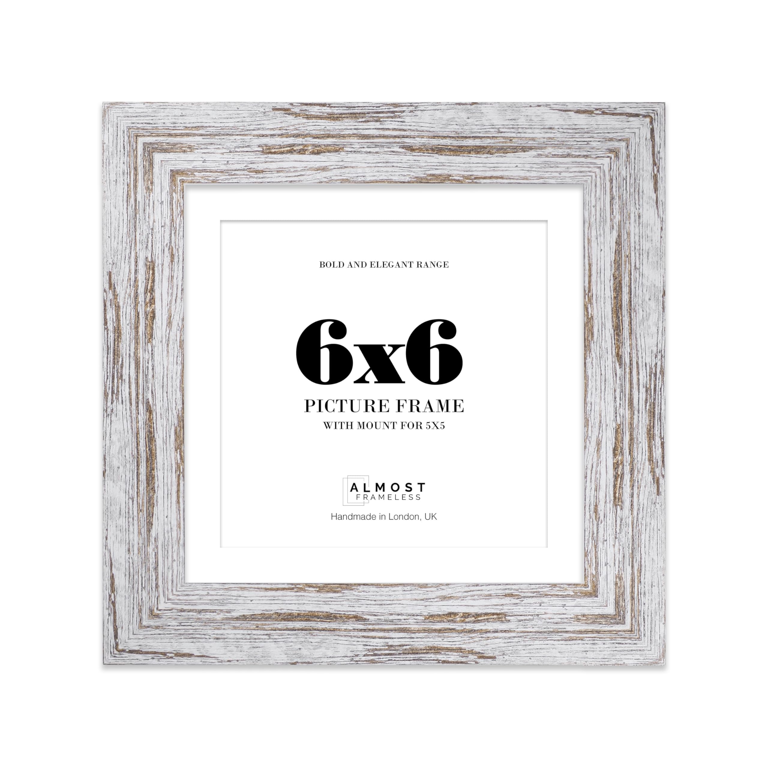 6x6" Distressed Wood Square Frame With Mount for 5x5" Pictures 28mm Edge Frame Display with Wall Hooks and Kickstand, 1 Pack