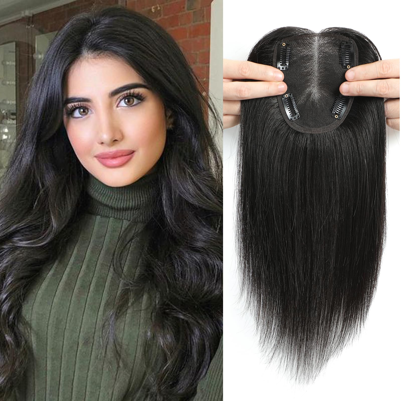 SARO-UPHair Toppers for Women with Thinning Hair - 120% Density Swiss Base Clip-In Natural Black Top Hair