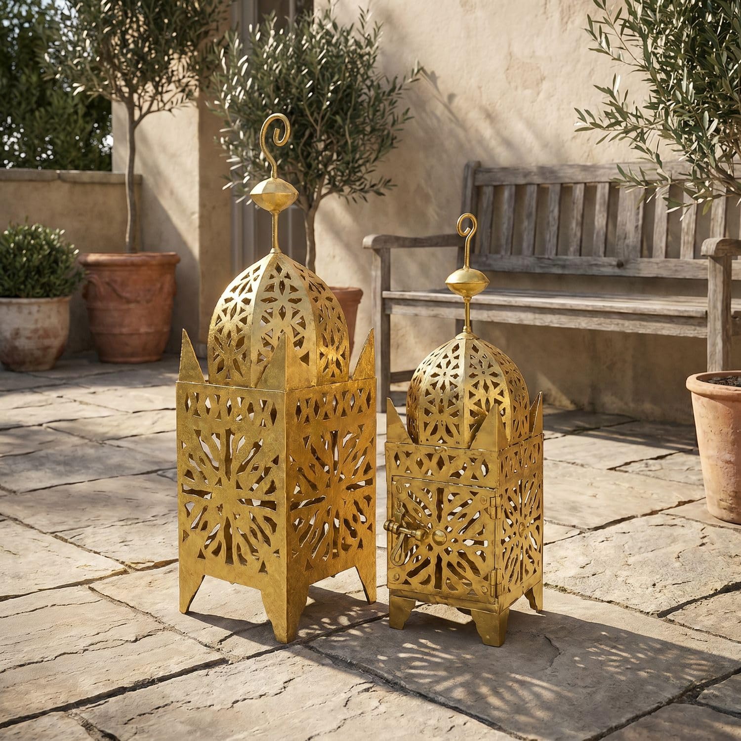 Linterna marroquí Frane Gold, 42 cm, Metal, Marrakech, Hecha a Mano
