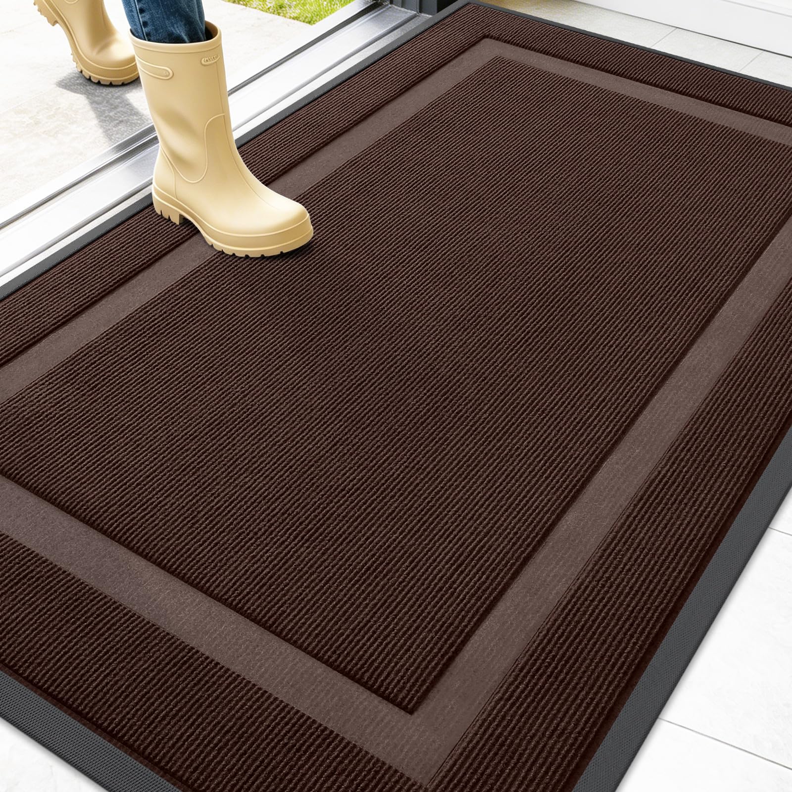 OLANLY Front Door Mat Outside 47x32, All-Season Heavy-Duty Rubber Doormat | Dark Brown, Absorbent, Stain Fade Resistant, Waterproof Non-Slip Backing, Low-Profile Indoor Outdoor Floor Mat for Entryway