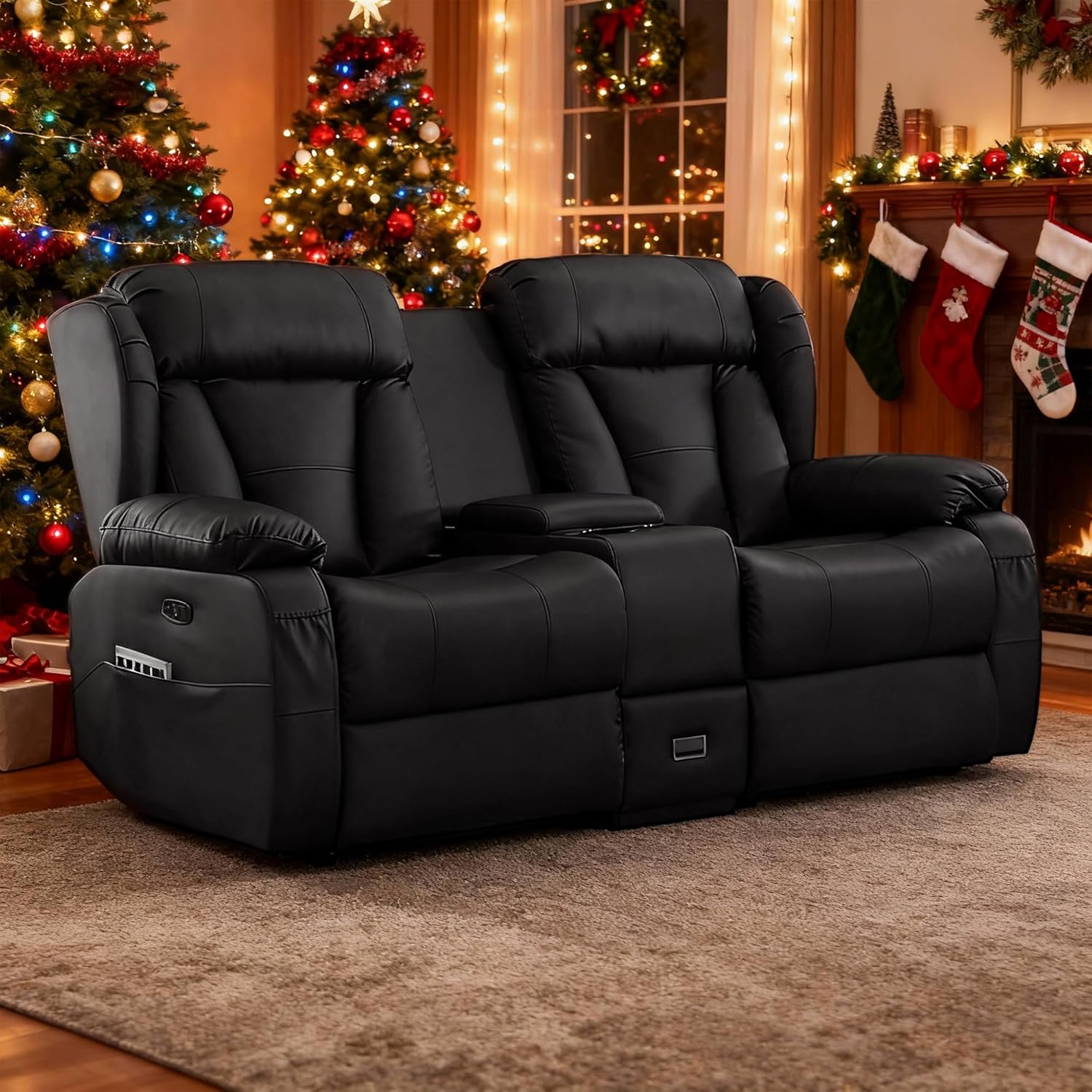 66" Power Loveseat Recliner Sofa with Console, RV Reclining Couch with Cup Holders/LED Lights/USB and USB-C, Wall Hugger Loveseat Recliners, Home Theater Seating for Living Room (Black)
