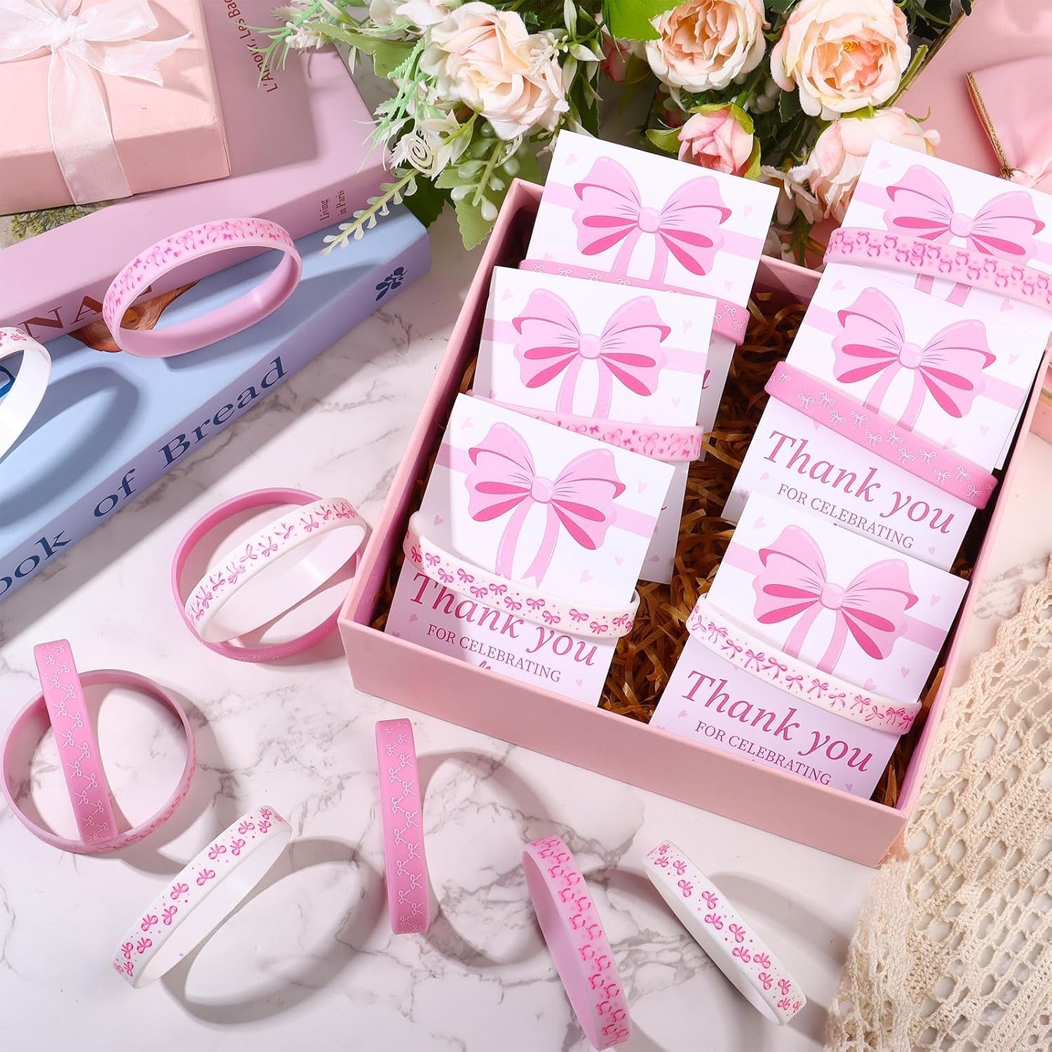 36 Sets Pink Bow Wristbands Party Favors Coquette Silicone Bracelets and Thank You Cards Bulk Pink Coquette Bow Themed Party Decorations Supplies Gifts for Women Girls - Image 3