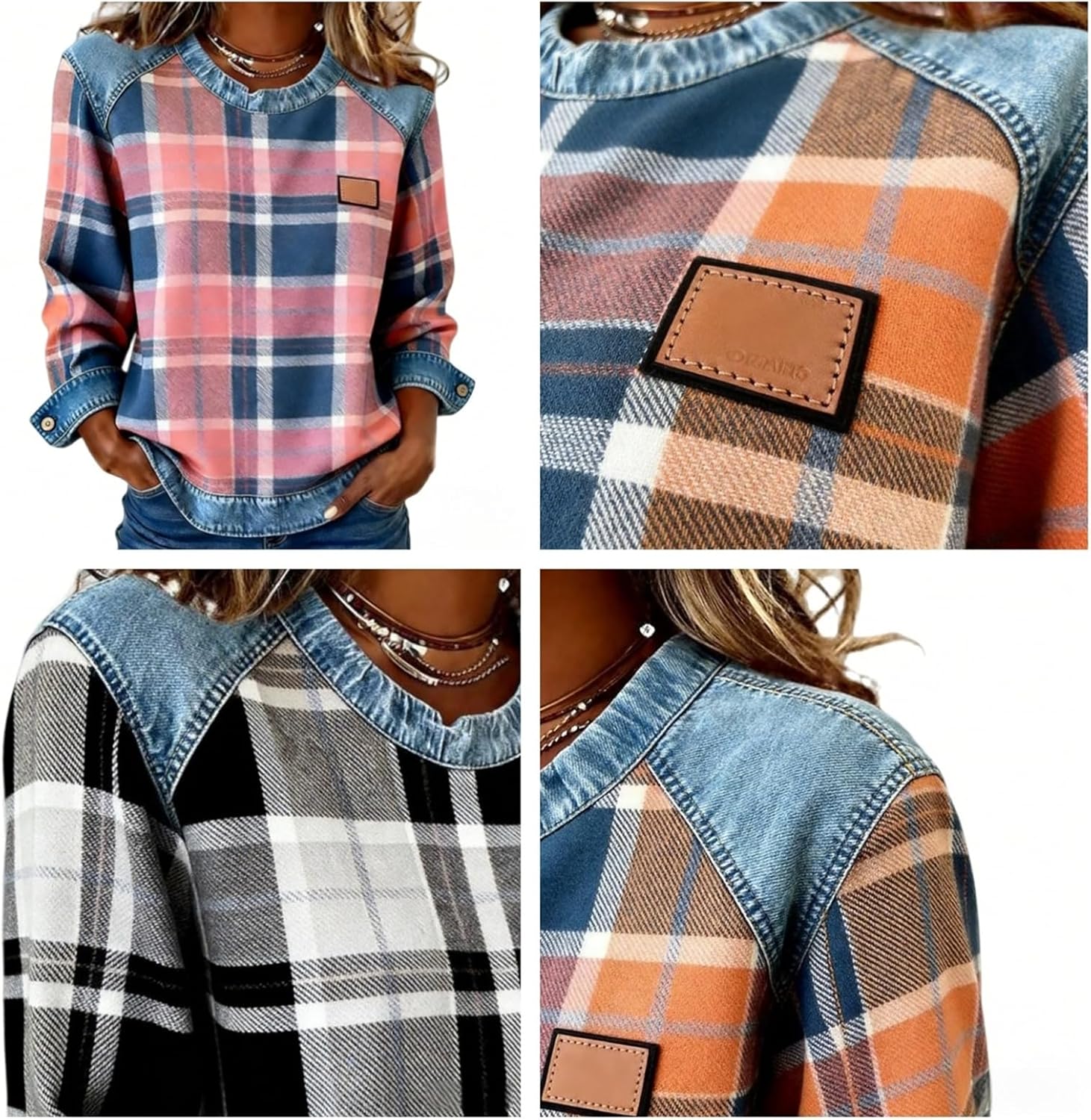 Women's Denim Patchwork Sweatshirts, Crew Neck Long Sleeve Color Block Sweatshirt, Plaid Pullover Sweatshirt for Women - Image 2
