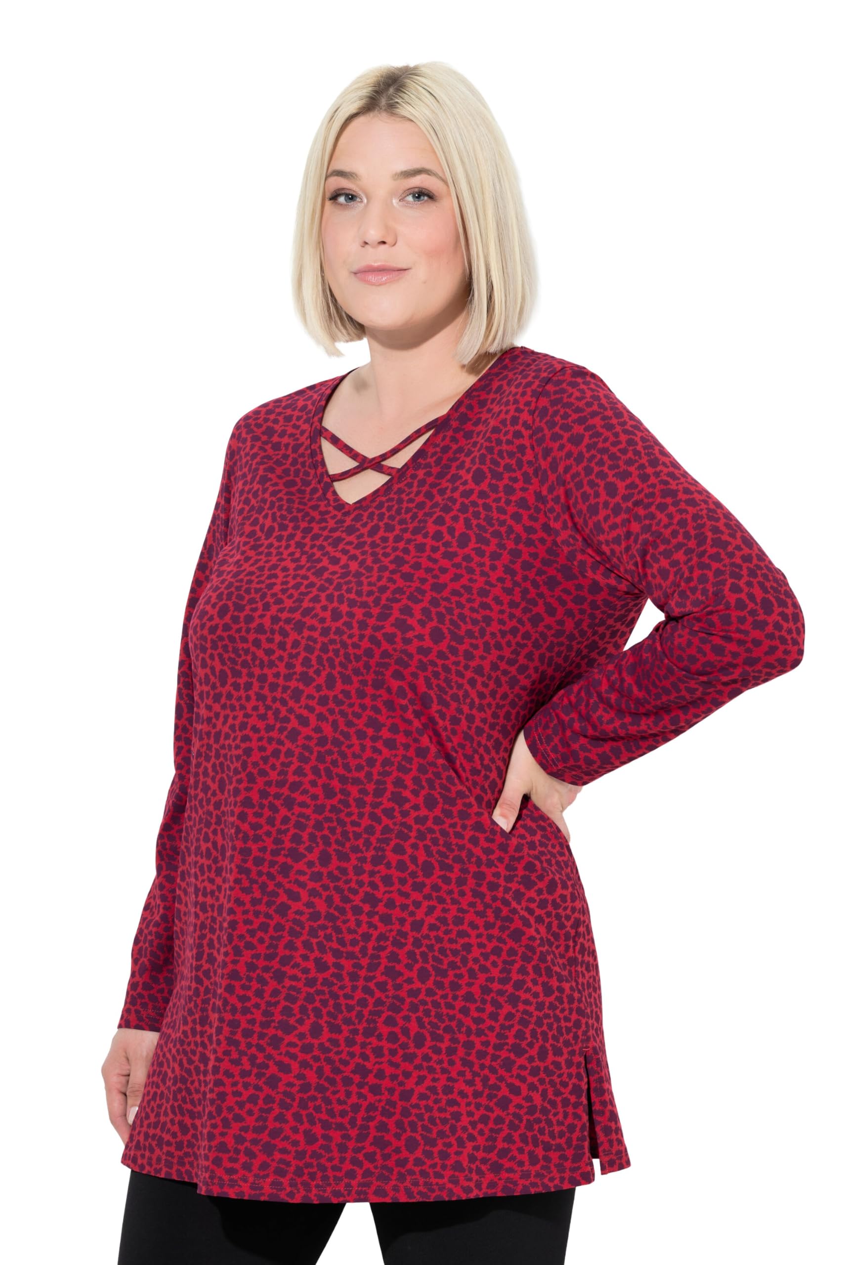 Ulla Popken Damen große Größen Übergrößen Plus Size Longshirt, Leomuster, V-Ausschnitt, Zierbänder, Langarm 844597