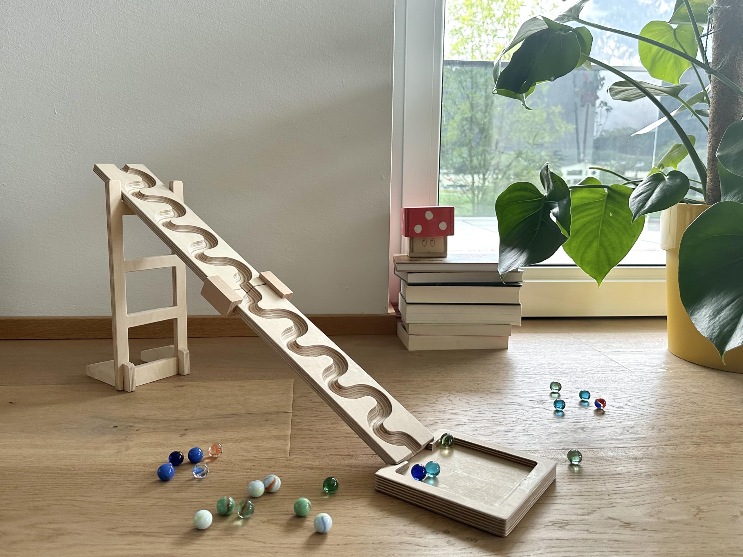 Base Marble Track Set, 2 Serpentine Runs with Tower, Collecting Tray, Glass Marbles, Ball Run, Wooden Toy