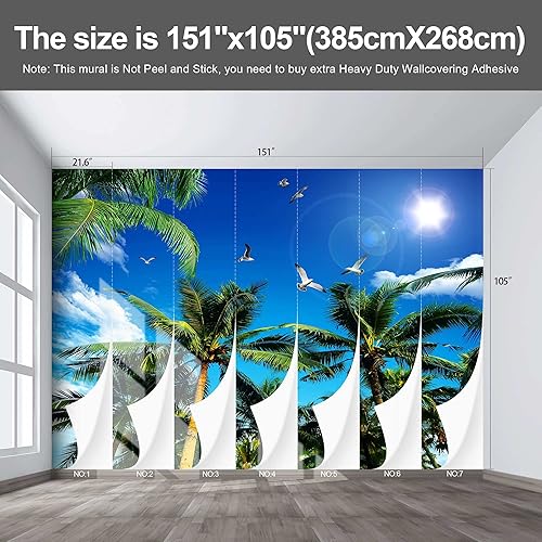 Miniatura 3 de Mural de playa de palmeras fondos del océano, papel tapiz costero playero, murales de pared extra grandes para dormitorio y sala de estar (no