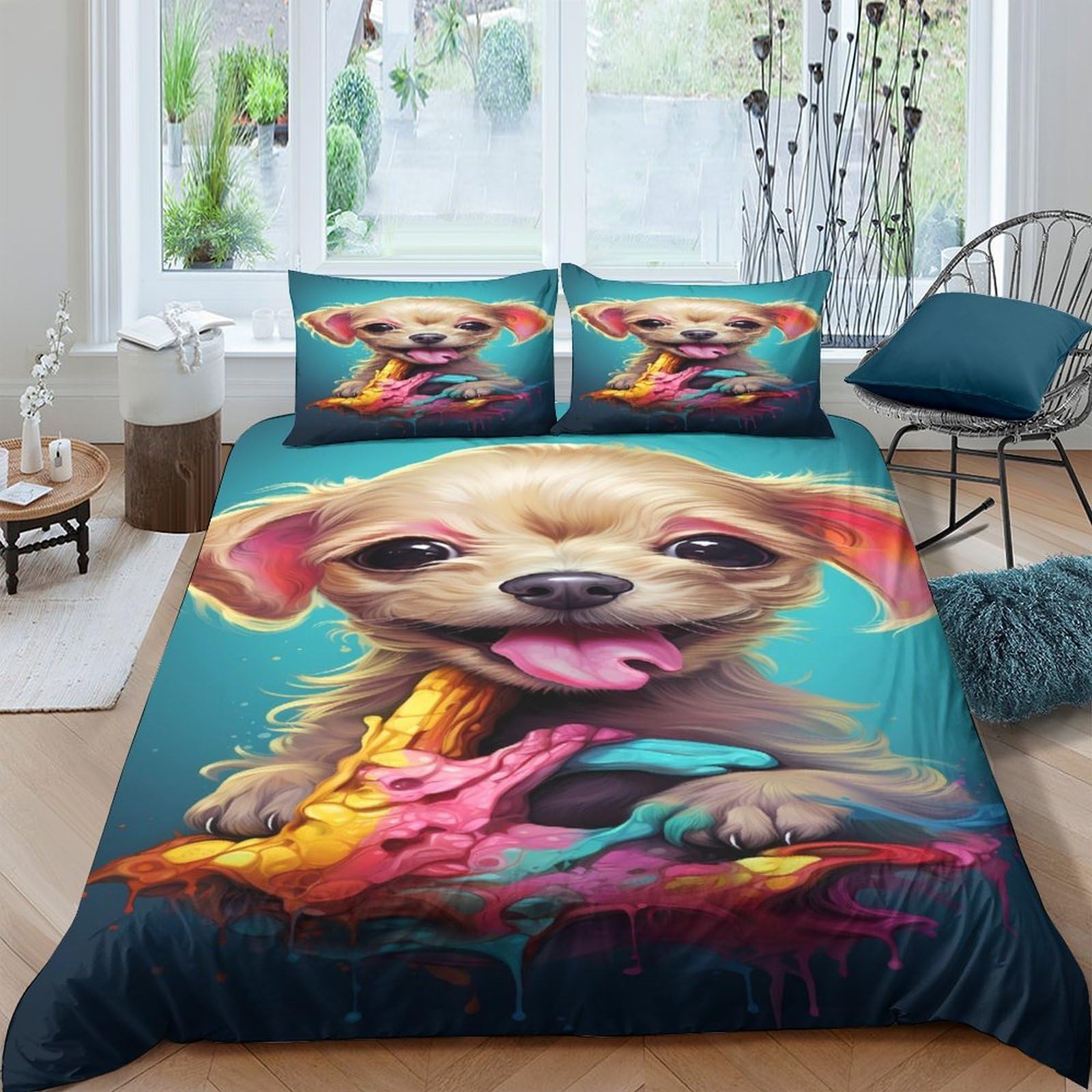Ctjqhvkz Style-4 3D Printed Puppy Illustration Fitted Sheet Microfiber Colorful Dog Art Mattress Cover For Bedroom Dorm Easy Care Single（135X200cm）