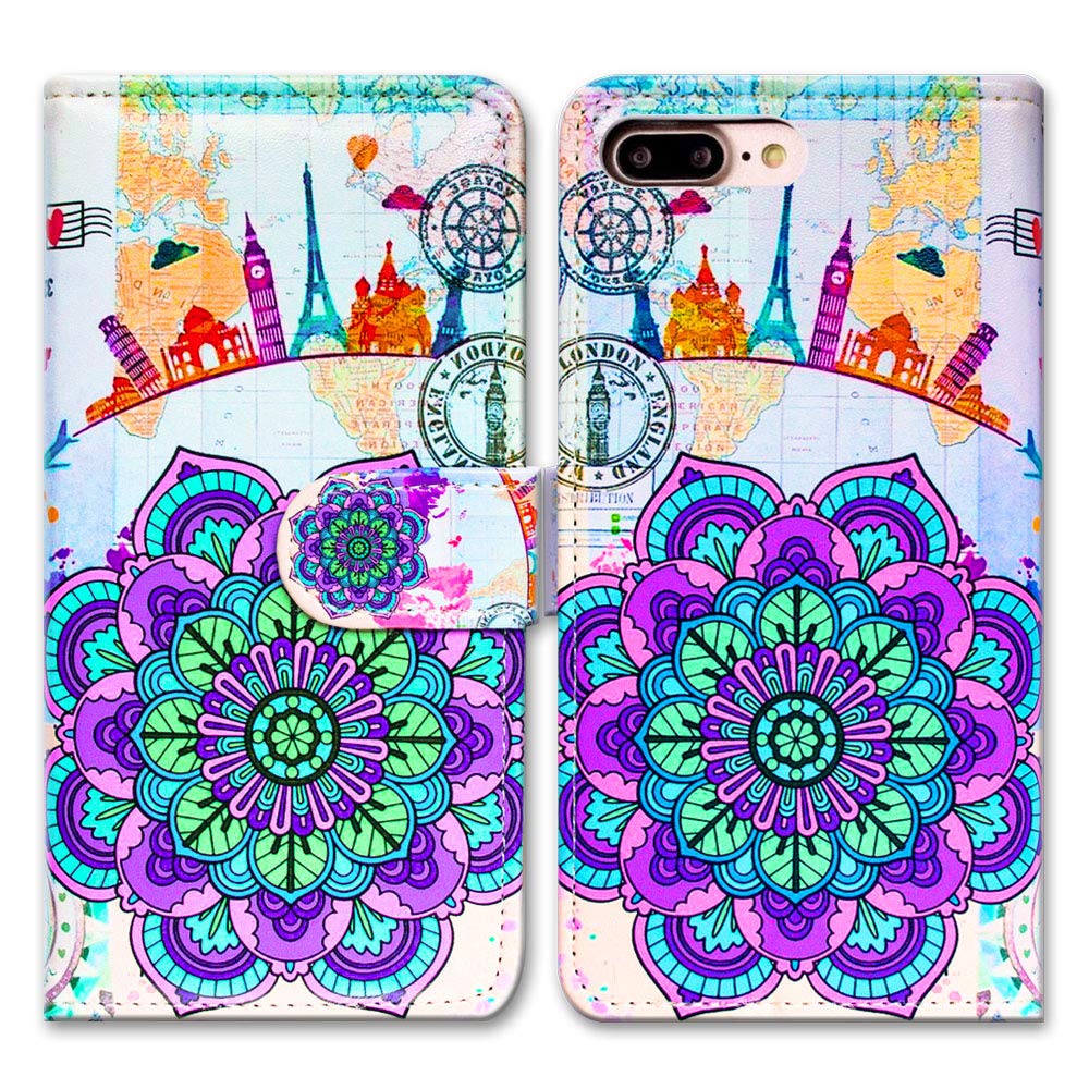 Bcov Bfun iPhone 7 Plus Case, iPhone 8 Plus Case, iPhone 7 Plus Case, Colorful Mandala Map Leather Flip Wallet Case Phone Cover with Card Slot Holder Kickstand for iPhone 7+/8+