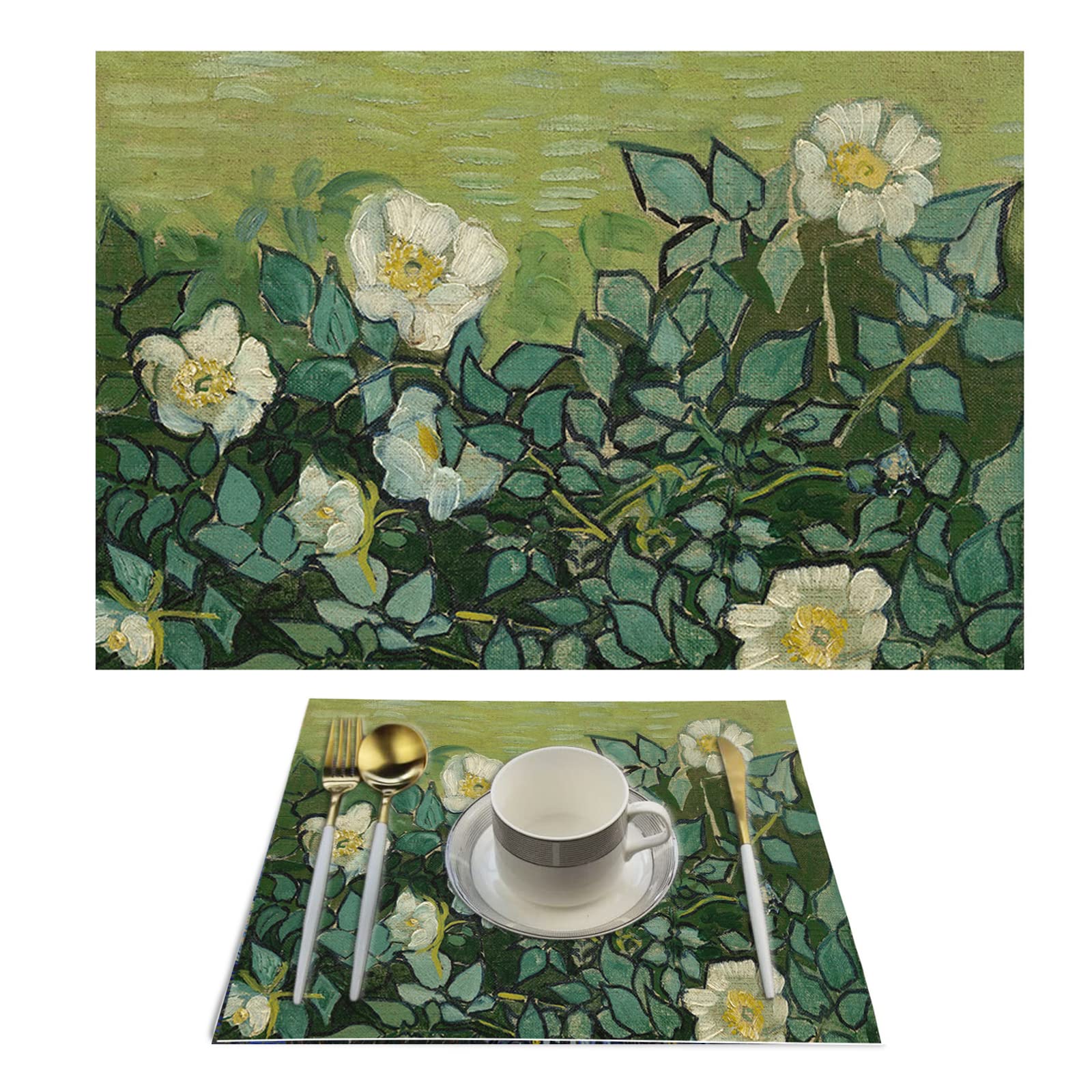 Wild Roses Placemats, Vincent Van Gogh Classic Oil Paintings Washable PVC Table Mats, Woven Vinyl Plastic Placemats for Dining Table