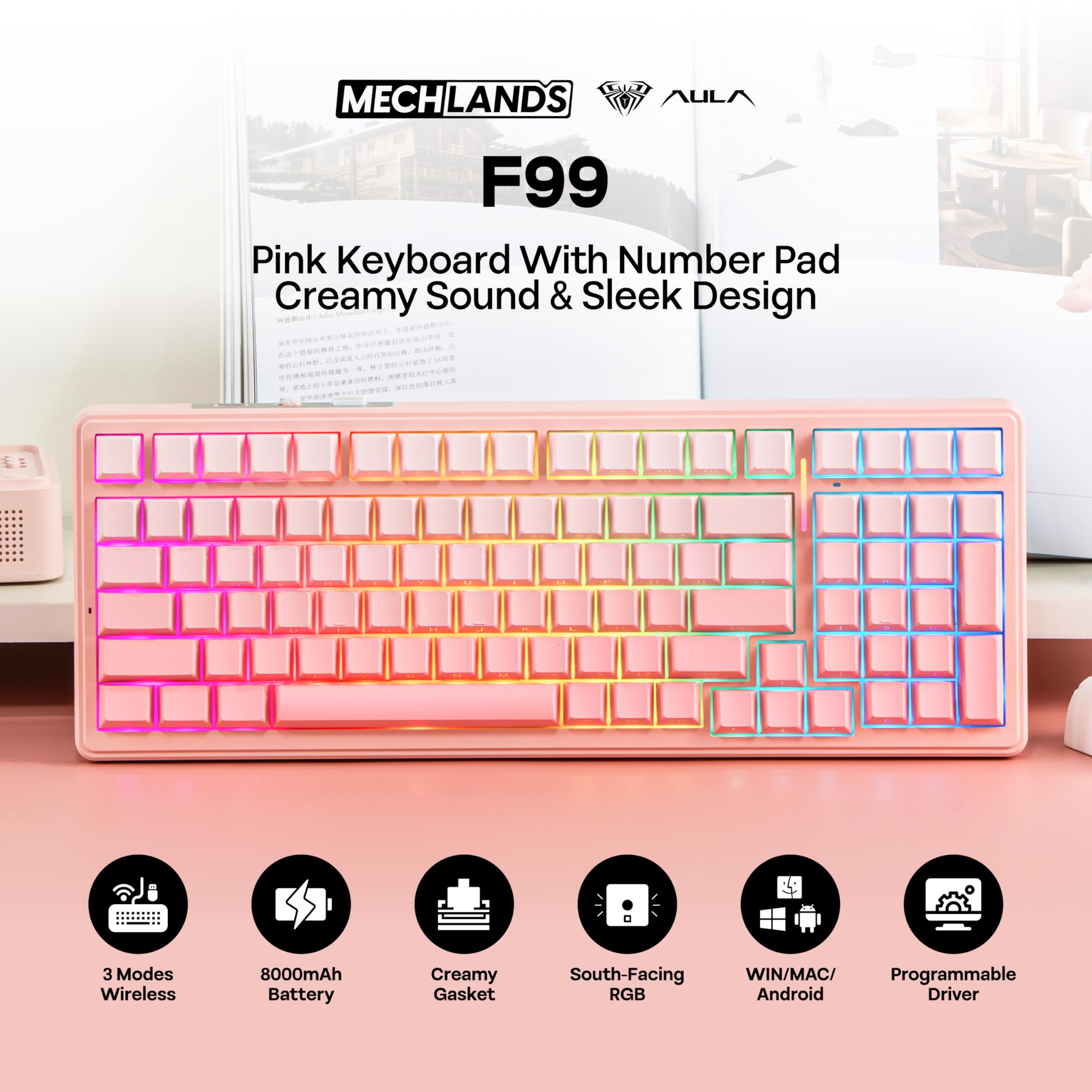 MechLands Aula F99 - Teclado inalámbrico para juegos al 96%, batería de 8000 mAh, teclado mecánico de junta cremosa, BT/2.4GHz/USB-C, intercambiable en caliente, interruptor lineal prelubricado, RGB