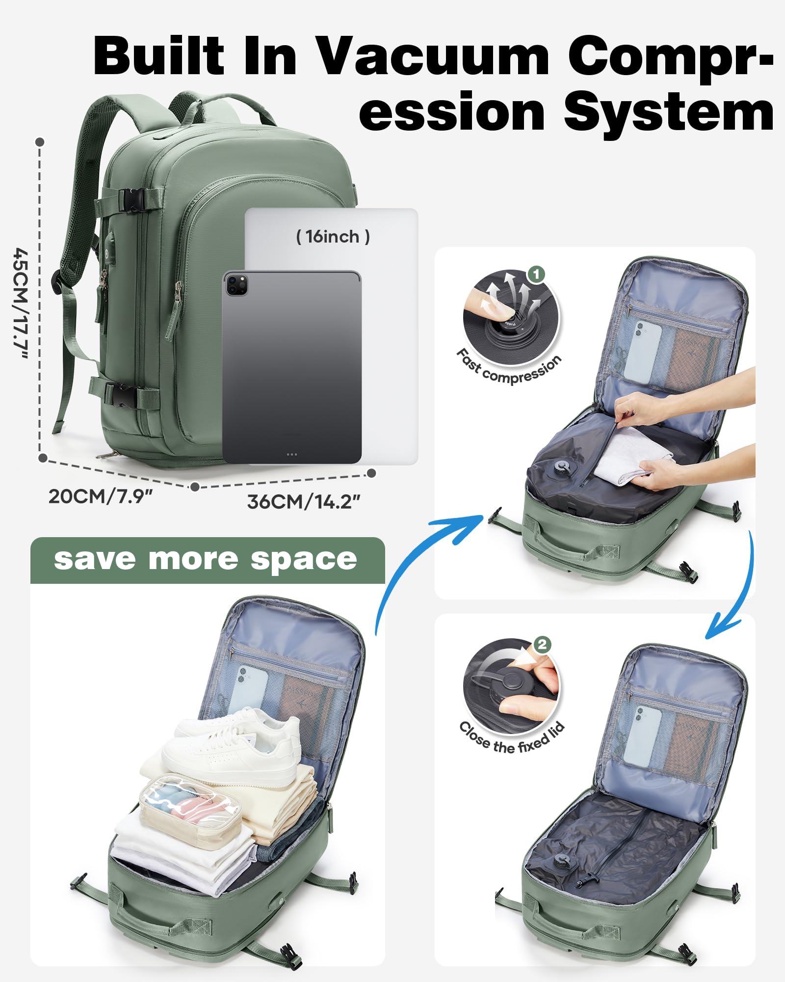 Groß Reiserucksack Vakuum Rucksack Handgepäck Flugzeug Easyjet Handgepäck 45x36x20 Rucksack Herren Damen Mit Laptopfach/Schuhfach Travel Backpack Carry Ons Luggage Mit Vakuumsystem Grün