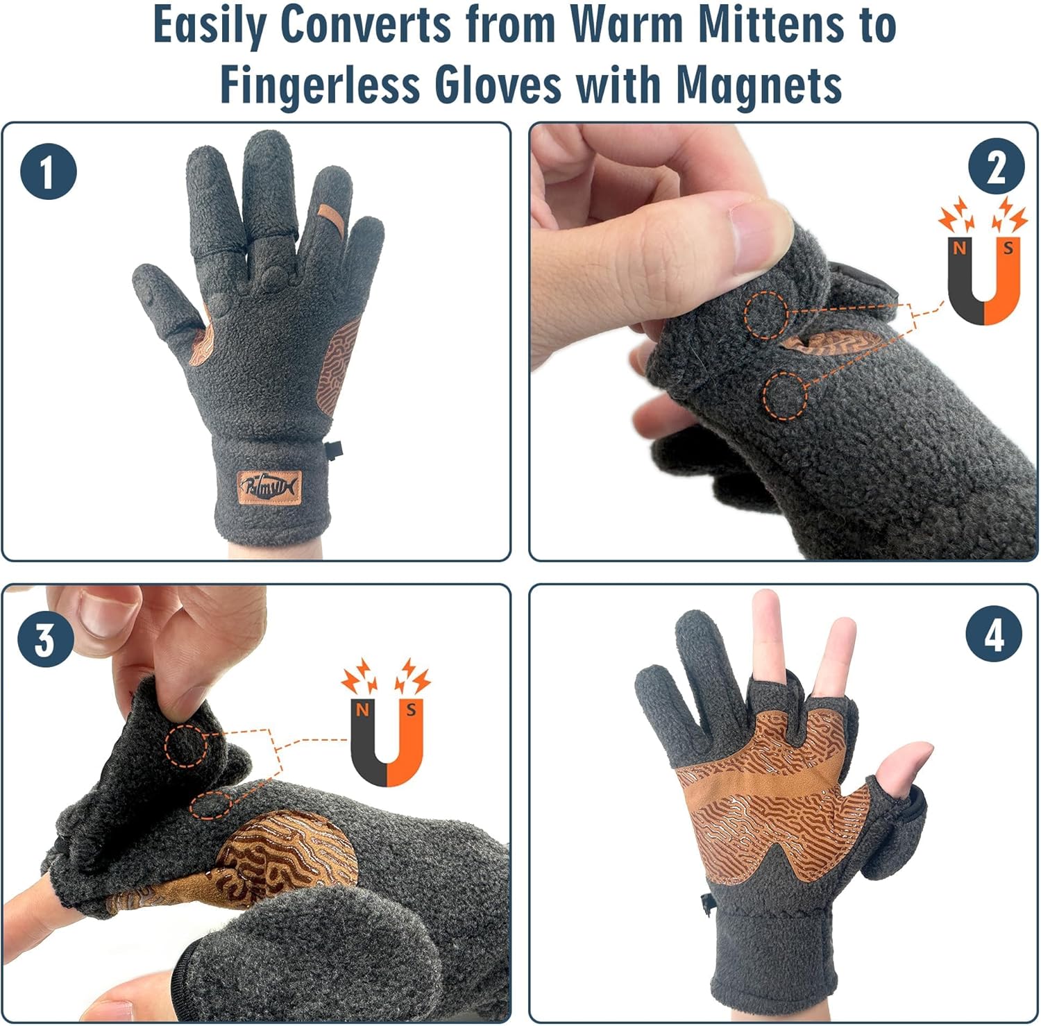 Palmyth Magnetic Fleece Fishing Gloves Convertible 3 Cut Fingers Ice Fishing Warm for Cold Weather Photography - Image 2