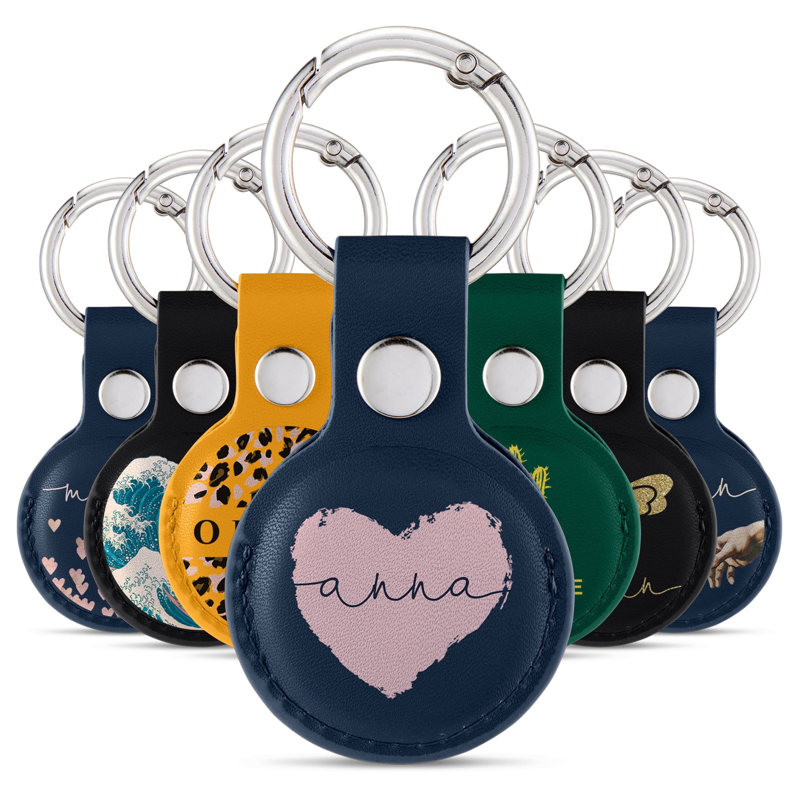 Tirita Personalised Case Keyring Holder Compatible with Apple AirTag 1 & 2 - Leather Case with Key Ring for Apple Air Tag [10- Rose Gold Hearts Rain on Blue] — view 24