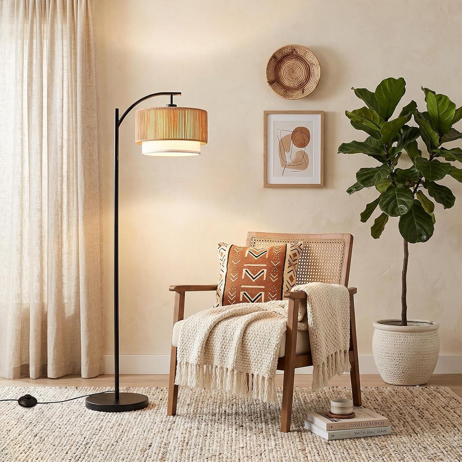 TJOY Floor Lamp for Living Room with 12W LED Bulb, Arc Floor Lamp, 3 Color Temperatures Standing Floor Lamp with Boho Rattan & Fabric Shades for Living Room, Bedroom, Farmhouse, Corner