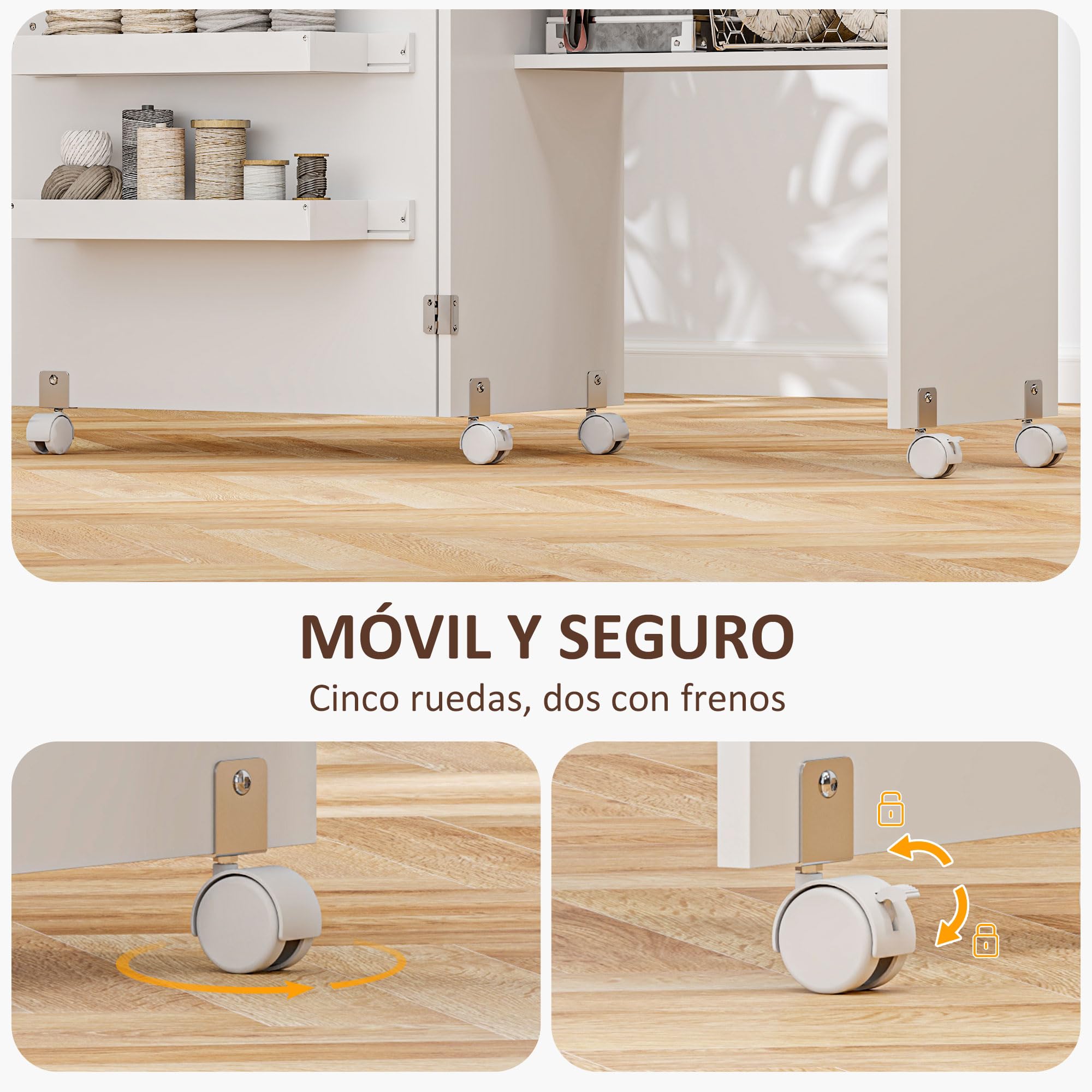 HOMCOM Mueble para Máquina de Coser Mesa Plegable de Costura con Compartimentos de Almacenamiento Estante Abierto y 5 Ruedas Mesa para Máquina de Coser para Dormitorio Salón Blanco