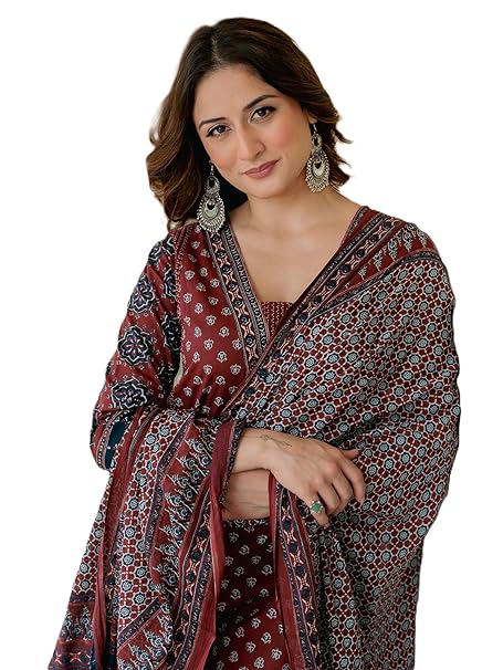 Arayna Women’s 100% Pure Cotton Printed Ethnic Suit | A-Line Kurta Set with Pant & Dupatta