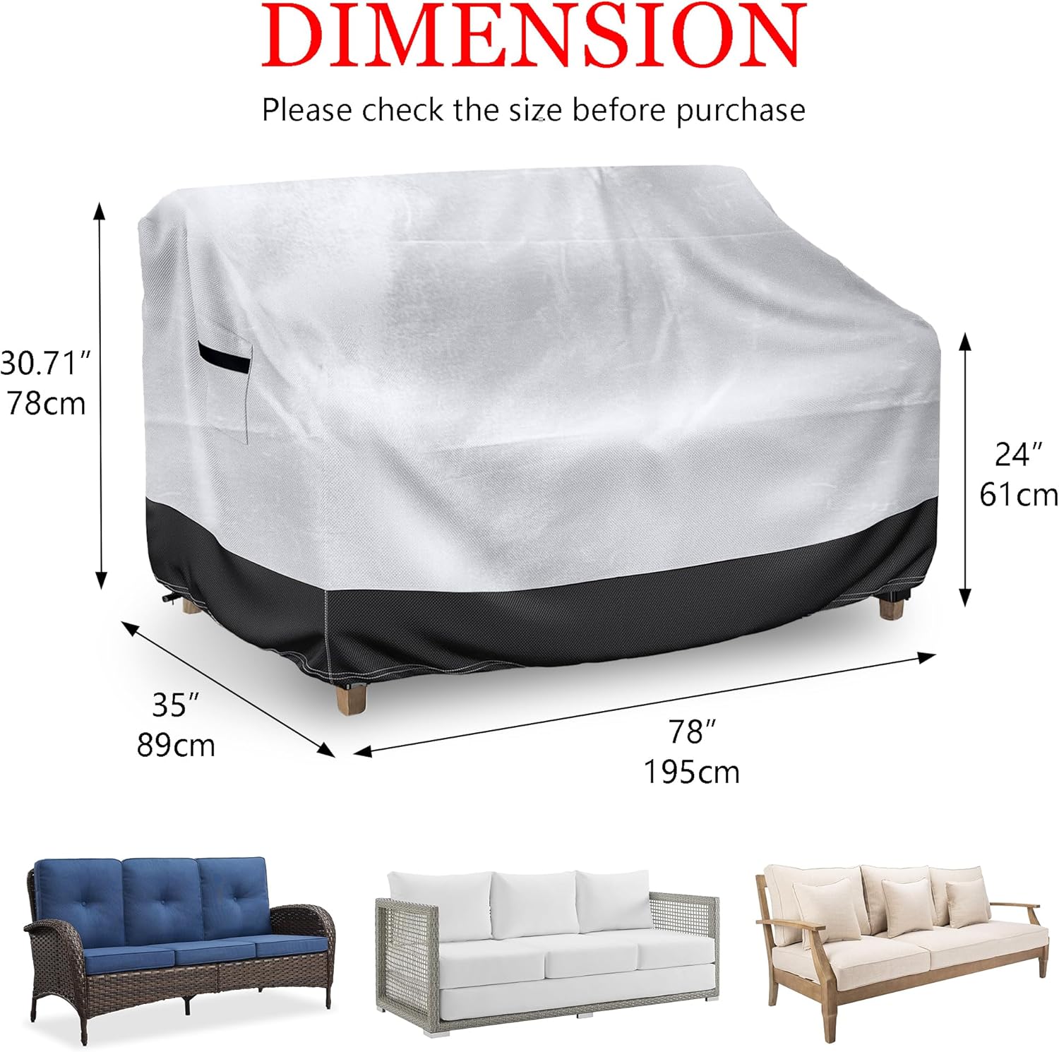 MBOOM Outdoor Sofa Cover – Waterproof Patio Couch Cover for 3-Seater Sofa, Heavy Duty Patio Furniture Protector, 79" W x 35" D x 30.7" H (Silver-Black)