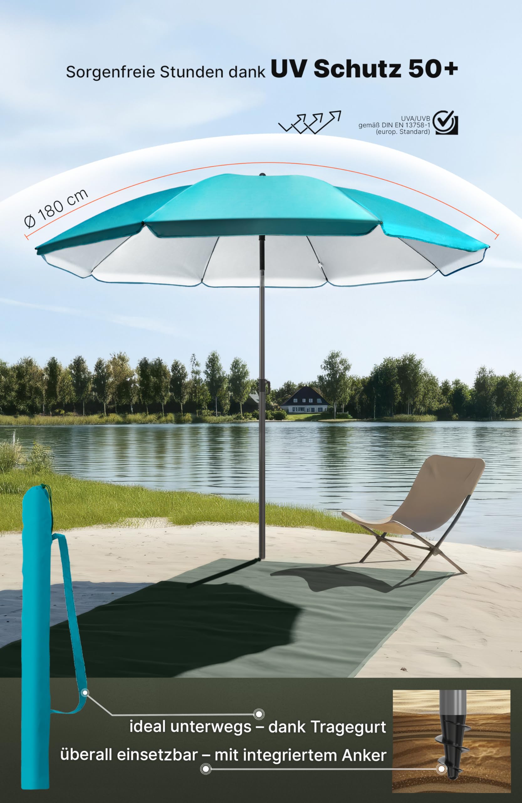 4smile Sonnenschirm Strand Ø 180 cm SunnyJoy, Türkis - UPF 50+ Strandschirm, sicherer Sonnenschutz Strand, Strandschirm windfest stabil - Sonnenschirm mit Schutzhülle