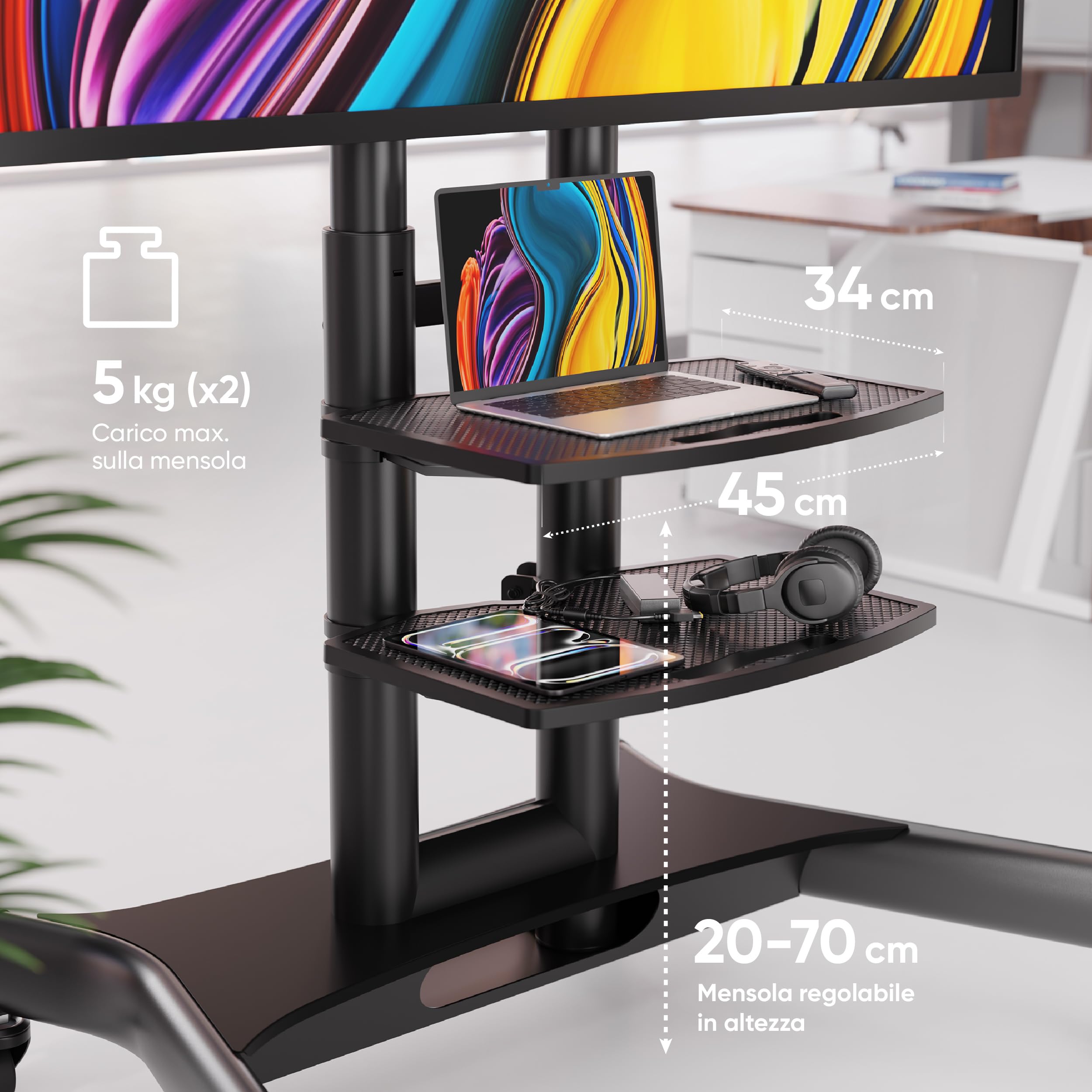 ONKRON Supporto TV da Pavimento 40"-70", Carico totale 60,5 kg, Porta TV da Terra Mobile VESA 100x100-600x400 mm, Carrello per Schermo Regolabile, Porta Televisore Mobile, Professionale, Nero TS1552-B