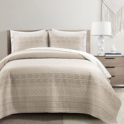Lush Decor Hygge - Juego de ropa de cama de 3 piezas con patrón geométrico a rayas, tamaño King, color trigo