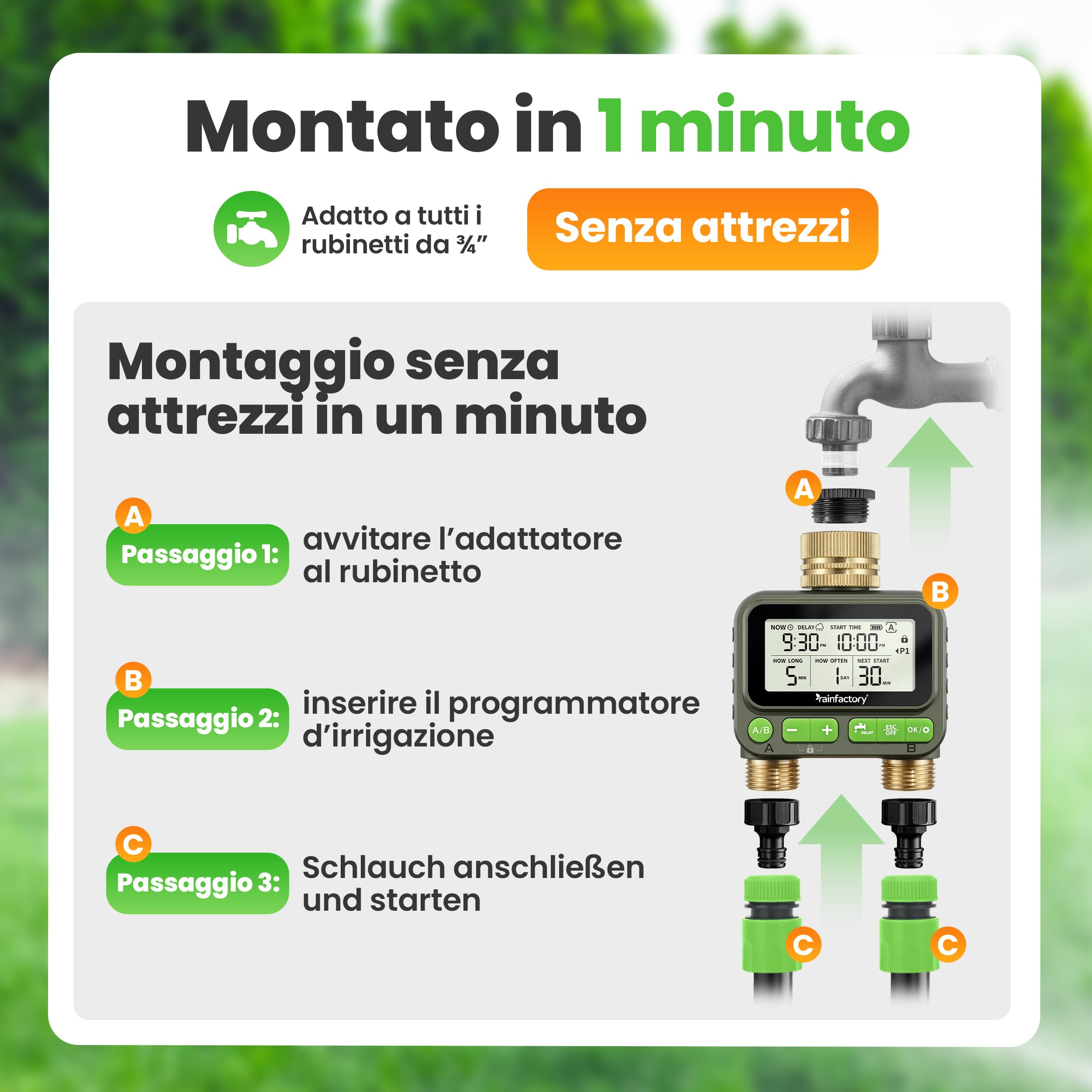 rainfactory - timer irrigazione 2 vie, centralina irrigazione a batteria IP65 con display LCD, 4 programmi, manuale, delay pioggia, raccordo ¾" per giardino, balcone, vasi, goccia a goccia domestico!