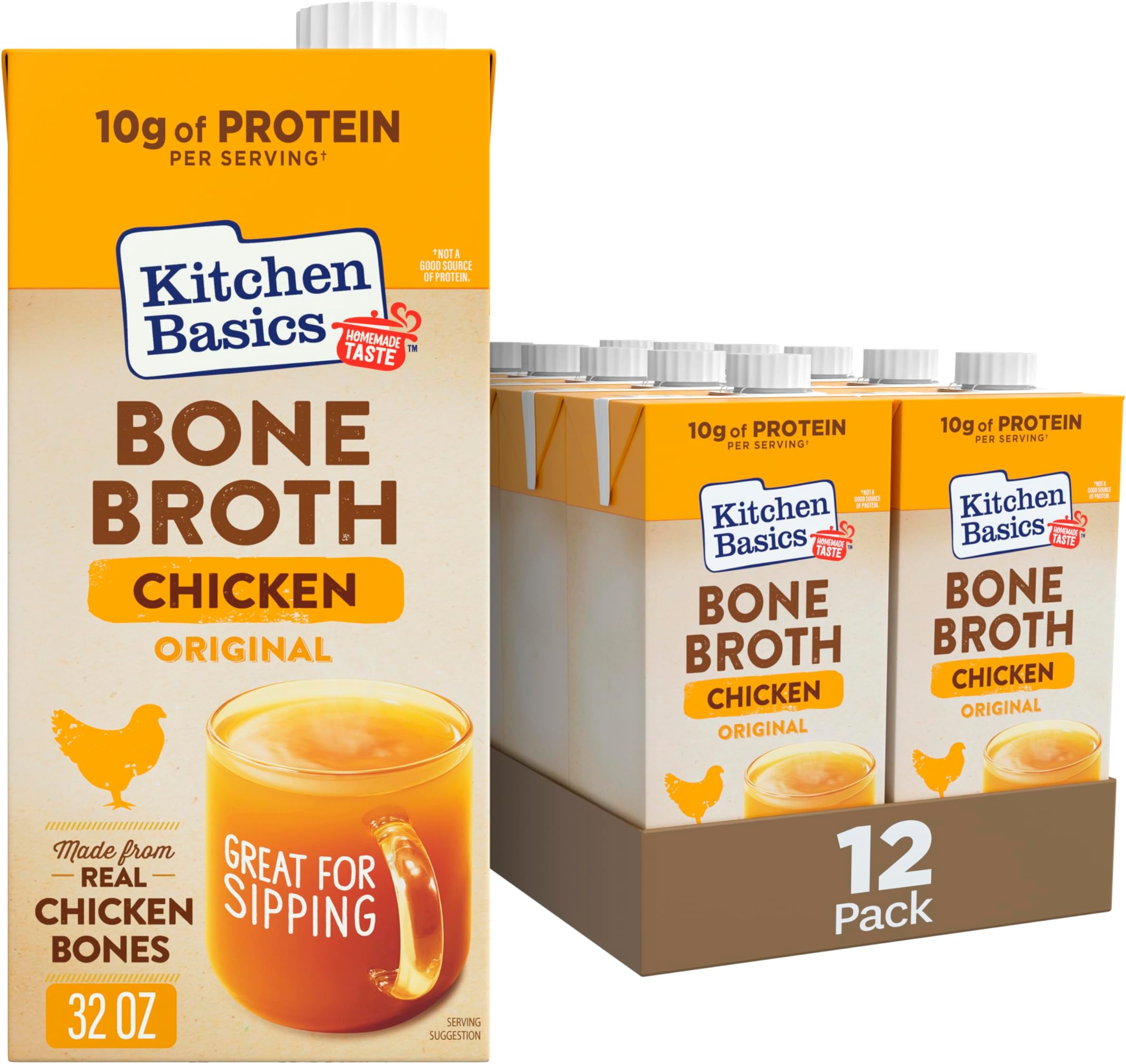 Kitchen Basics Chicken Bone Broth, 32oz (Pack of 12) - Perfect for Adding Flavor to Recipes and Stocking Up