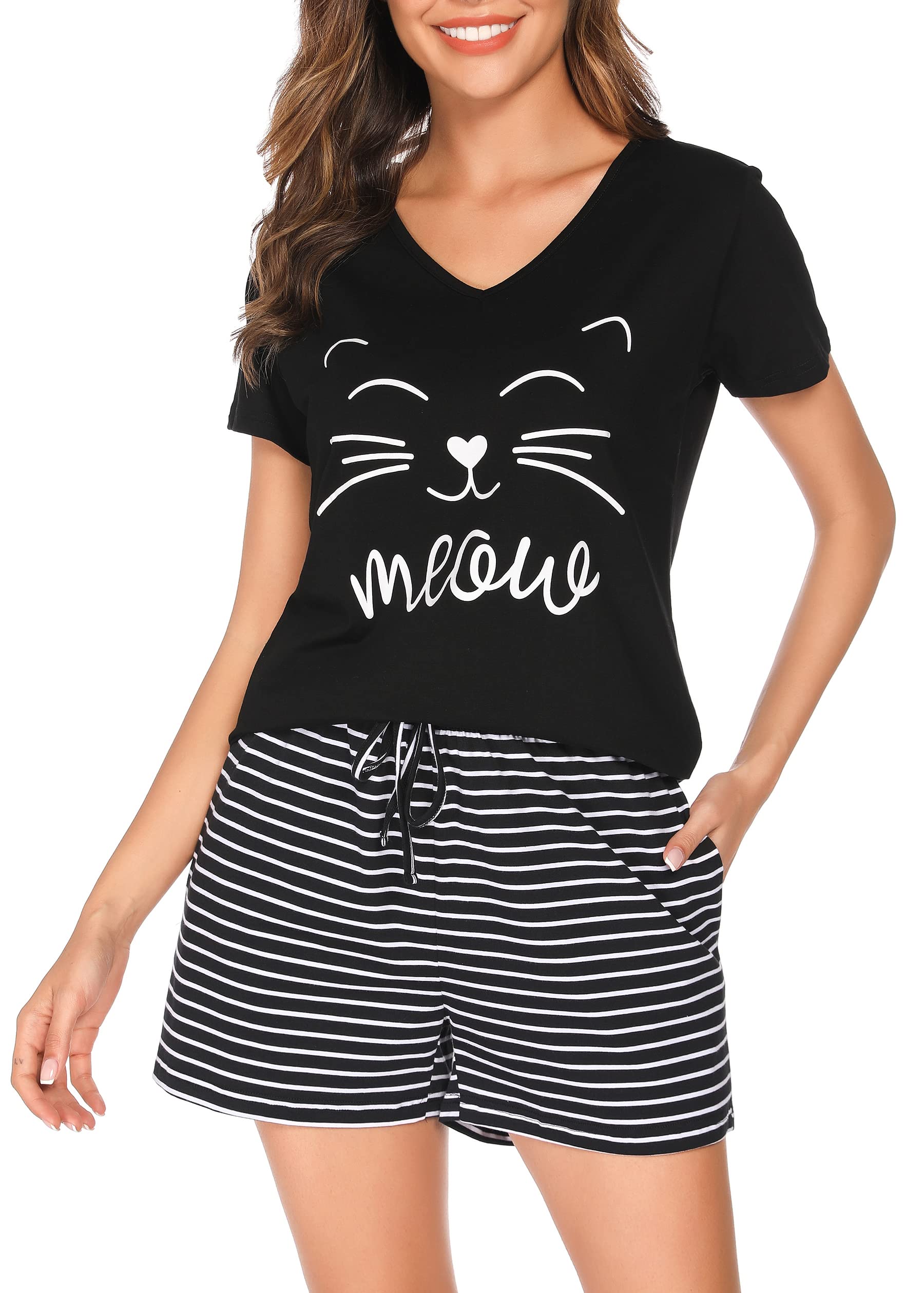 Lovasy Schlafanzug Damen Kurz Baumwolle Sommer Shorty Pyjama Damen Set Zweiteiler Kurzarm Schlafanzüge für Damen Loungewear Nachtwäsche