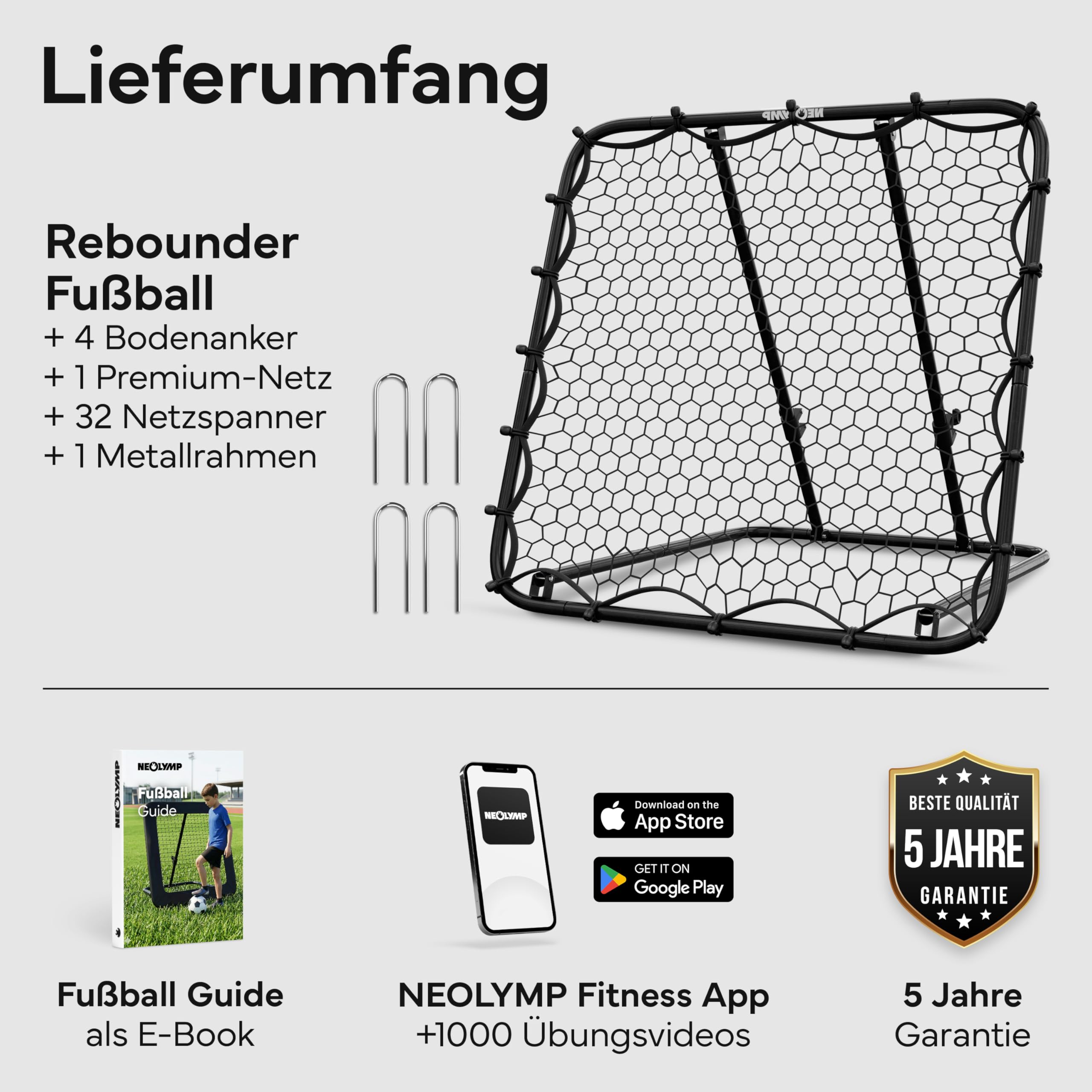 NEOLYMP Rebounder für Fußball – Stufenlos verstellbar für intensives Training, robuster Metallrahmen – Ideal für Kinder, Jugendliche & Vereine – Fußball Trainingszubehör für drinnen und draußen