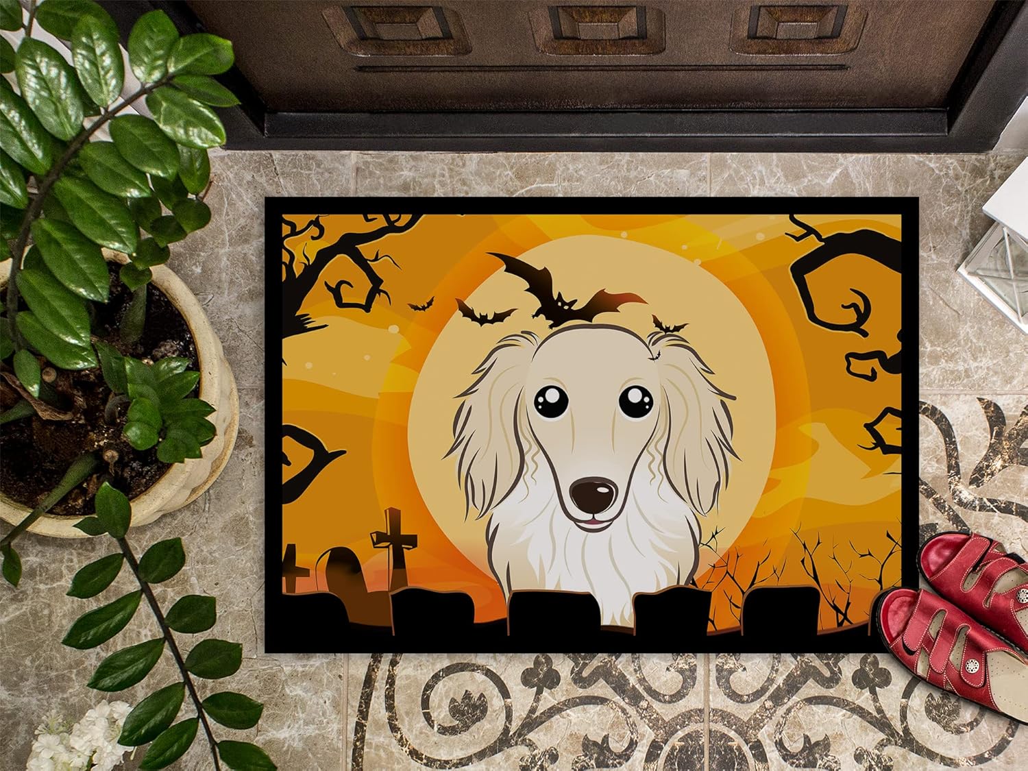 Caroline's Treasures BB1770JMAT Halloween Longhair Creme Dachshund Doormat 24x36 Front Door Mat Indoor Outdoor Rugs for Entryway, Non Slip Washable Low Pile, 24H X 36W