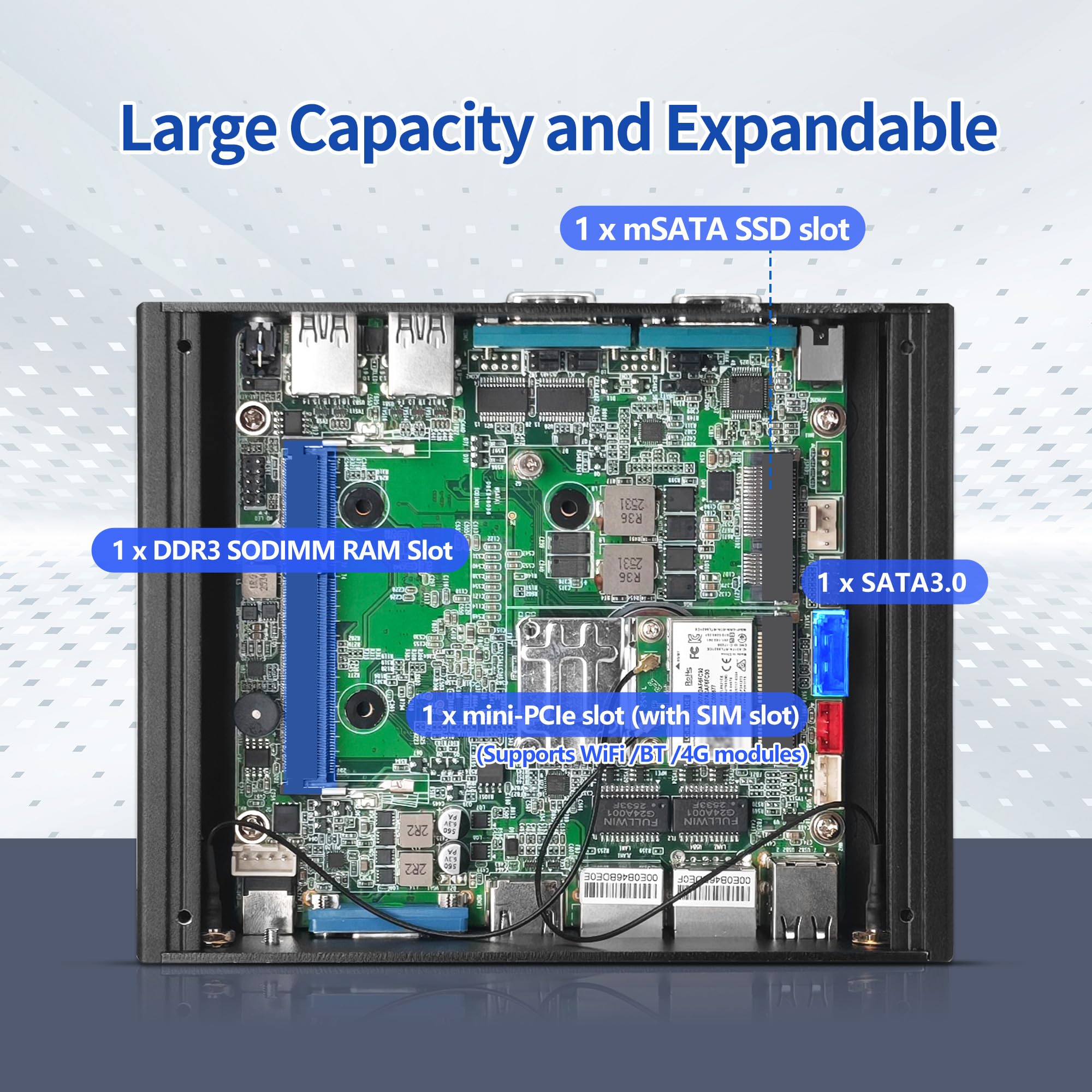 CWWK Mini PC Fanless Industrial i3-5005U, 2x RS232/RS485 COM, 2 x Gigabit LAN, Micro Embedded Mini Computer Box, NO RAM/SSD/OS, DDR3, mSATA, SIM, SATA, Mini-PCIe, HD, VGA, 6USB