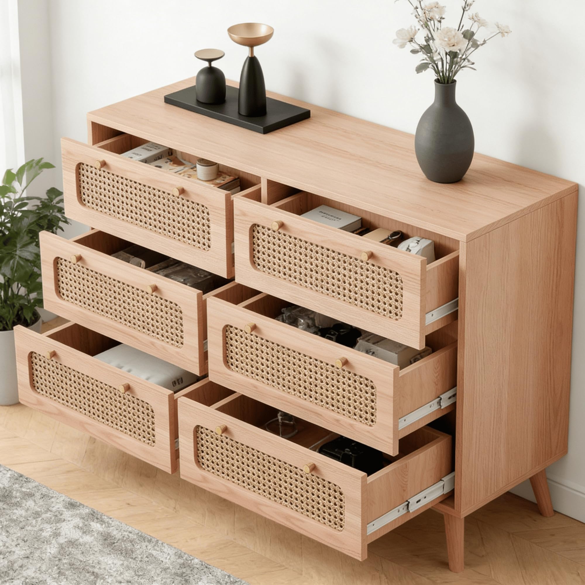 Cassettiera con 6 cassetti, in rattan, camera da letto, cassettiera moderna, cassettiera in legno con manici dorati, credenza, cassettiera per corridoio, soggiorno, camera da letto
