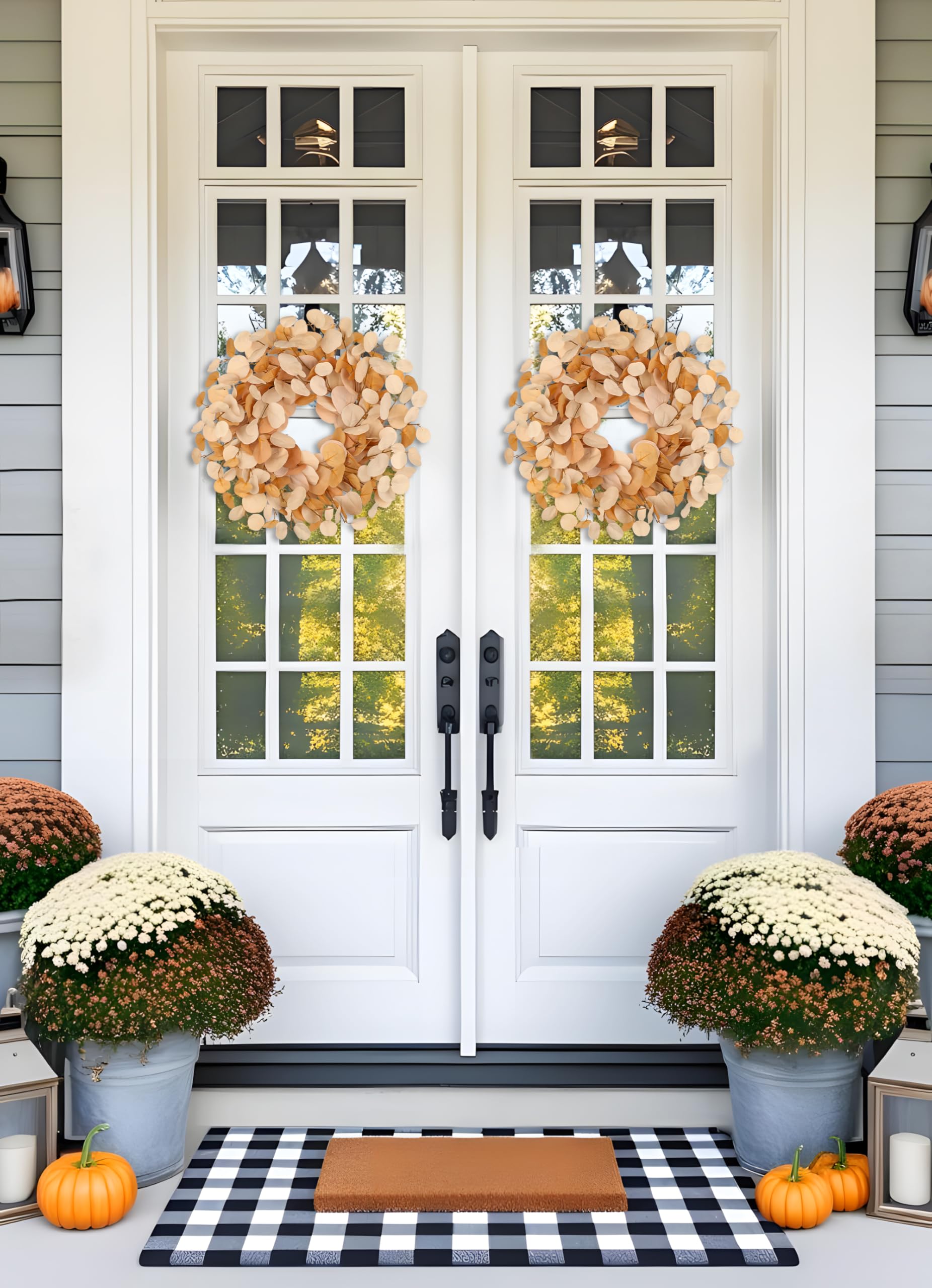 Couronne d'eucalyptus artificielle Ø 46 cm – Couronne de porte avec base de pamplevine, couronne décorative jaune doré – Couronne artificielle pour porte d'entrée, décoration murale, fenêtre et