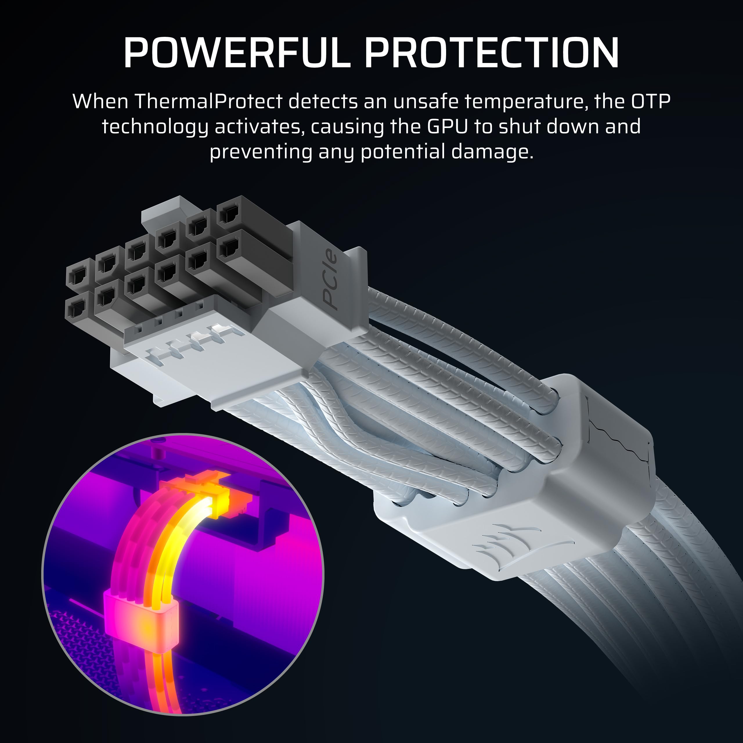 CORSAIR ThermalProtect PCIe 5.1 600 W 12 V-2x6 kabel zasilający, zintegrowana ochrona przed przegrzaniem (OTP), kompatybilny z zasilaczami ze złączem 12 V-2 x 6 – biały