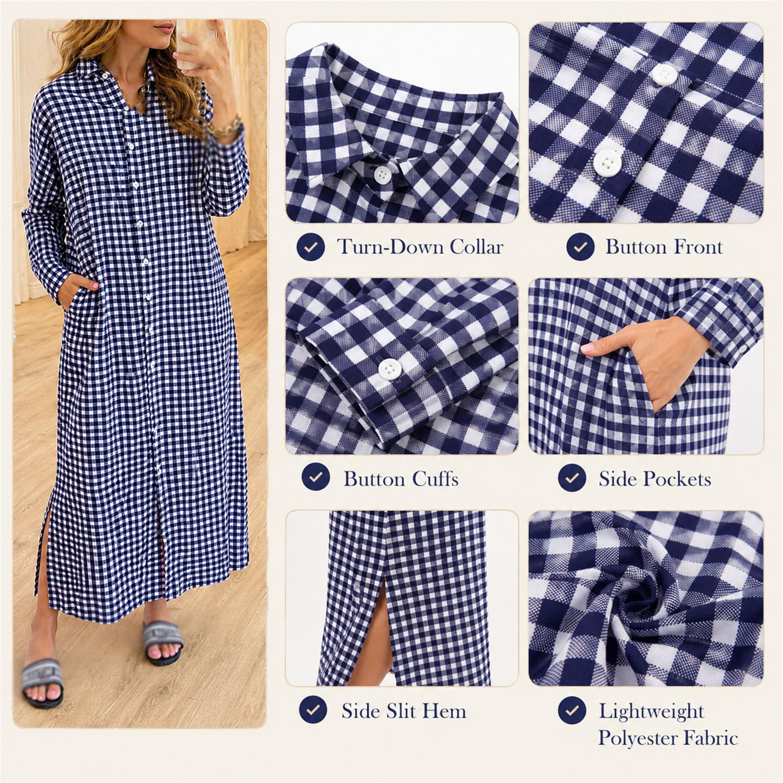 Abito da donna a quadretti, maniche lunghe, con bottoni, taglio ampio | Abito a Camicia Elegante A Quadri Con Bottoni E Taglio Ampio Per Ufficio E Tempo Libero