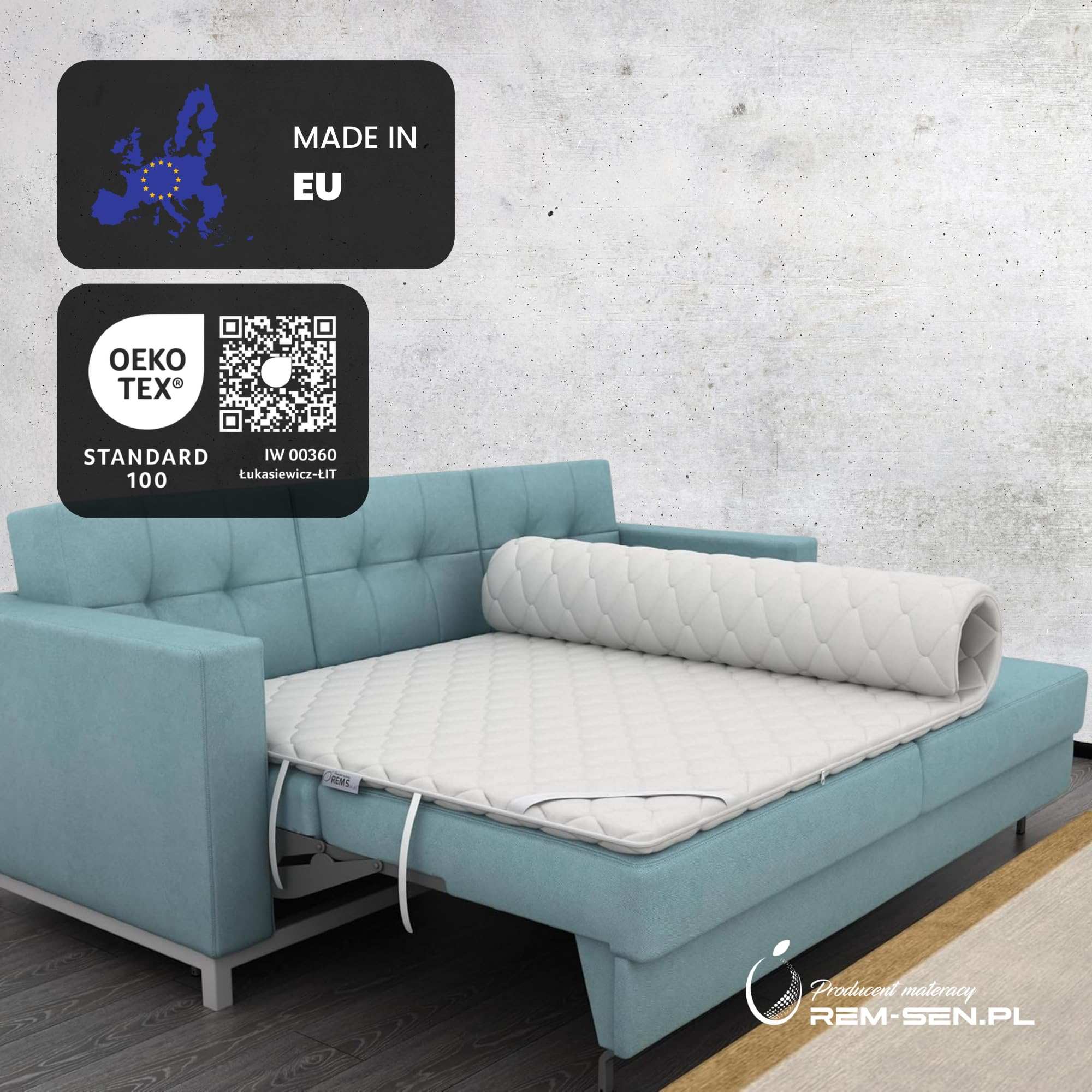 REM-SEN Matratzen Topper Matratzentopper 90x200 cm Höhe 5cm Härtegrad 3 (H3) Mattress Topper aus mittelfeste Polyurethanschaum, Dreilagige Membranhülle, Für Sofa oder jeden Platz, Öko-Tex Zertifiziert