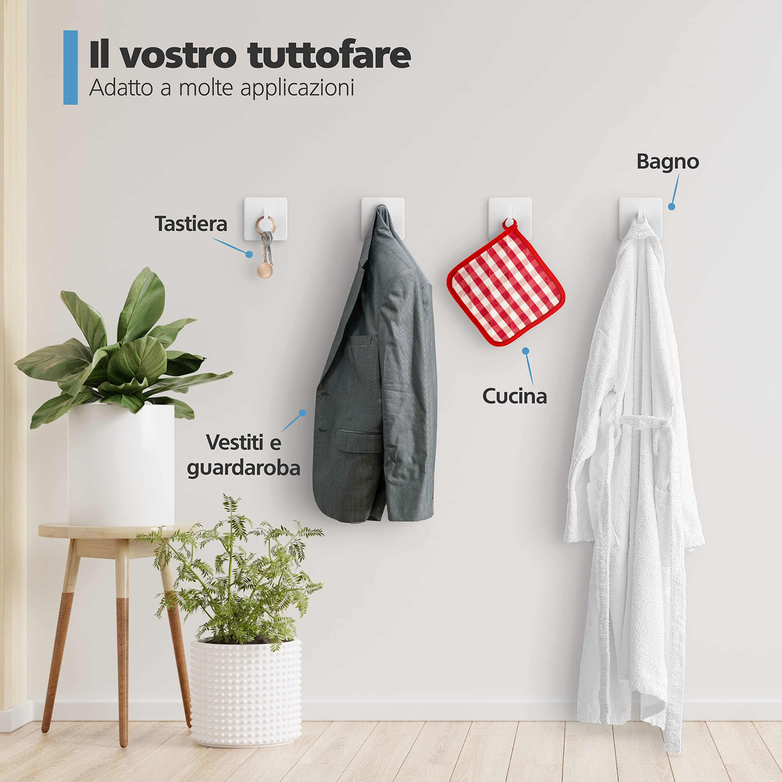 Ganci Adesivi Da Parete Virea - Set 4 Pezzi, Acciaio Inox, Fino 8kg, Bianco, Senza Forare - Foto 8
