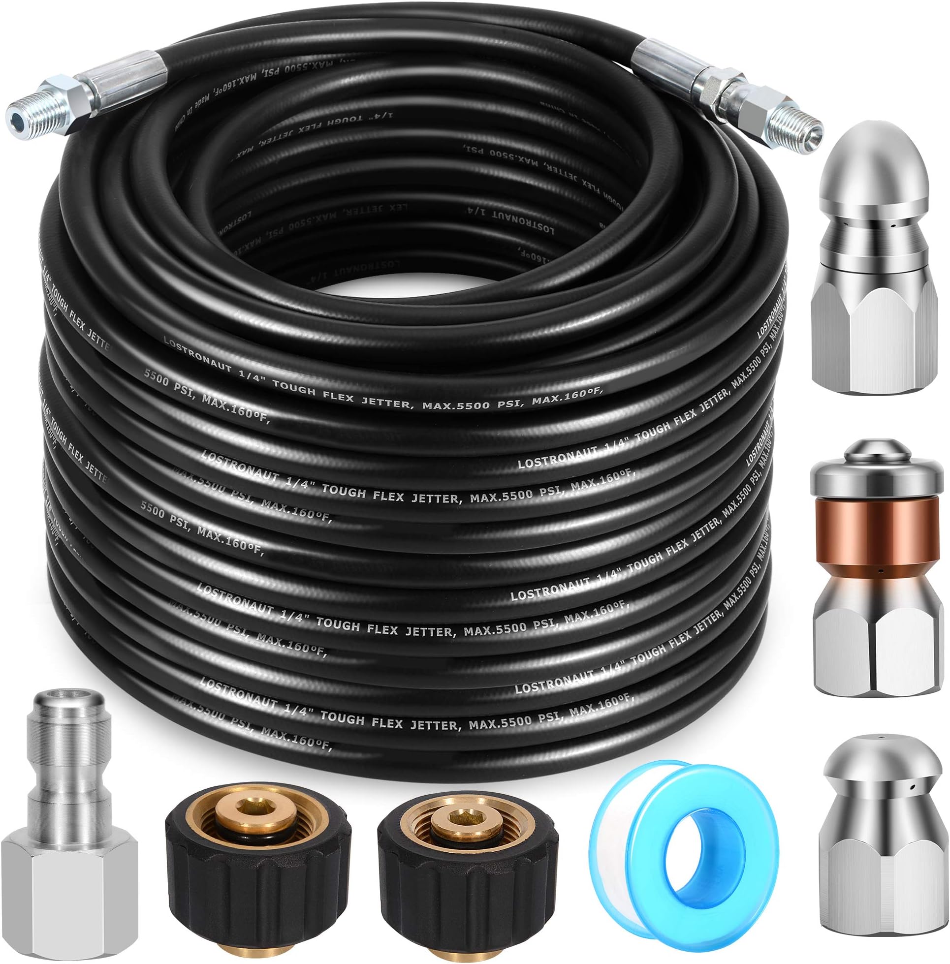 Sewer Jetter Kit - Drain Cleaner Tool Clog Remover Kit Includes Tough Flex Pressure Washer Hose and 7 High End Nozzles and Adapters for Ultimate Drain Jet 1/4'' NPT (50)