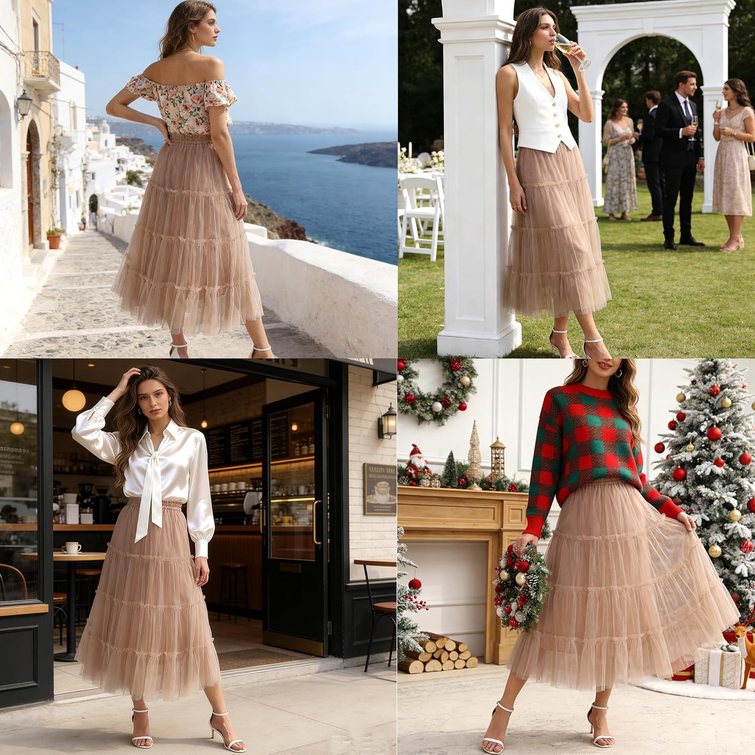 OBBUE Women's Long Tulle Skirt Fairy Ruffle Tiered Layered Midi Skirts A-Line Elastic Waist Tutu Skirt