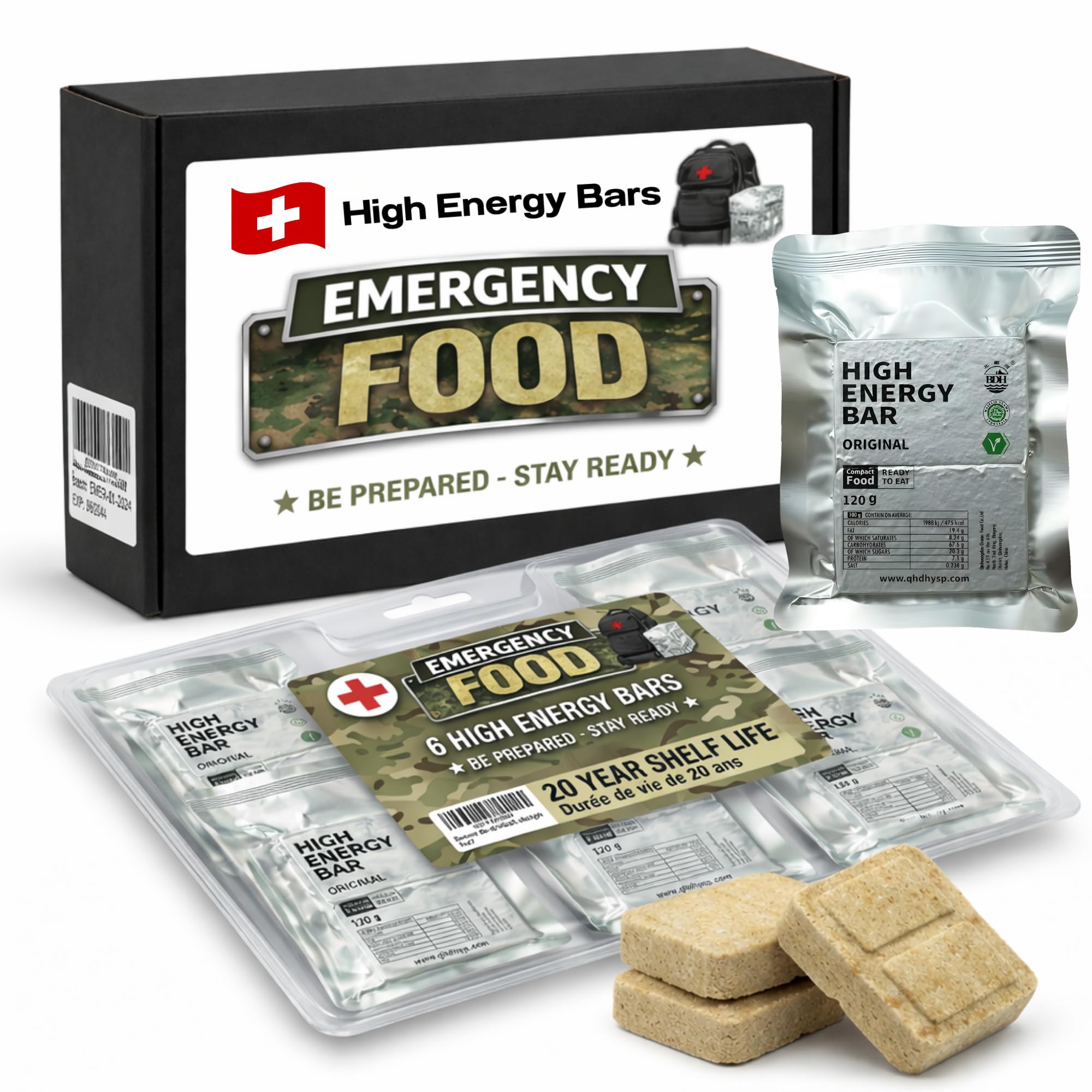 Razioni alimentari di sopravvivenza 6x120g | 3420 kcal - Barrette energetiche vegane-conservazione 20 anni | Pronte da mangiare, non richiedono preparazione-Kit di emergenza, disastri ed escursionismo