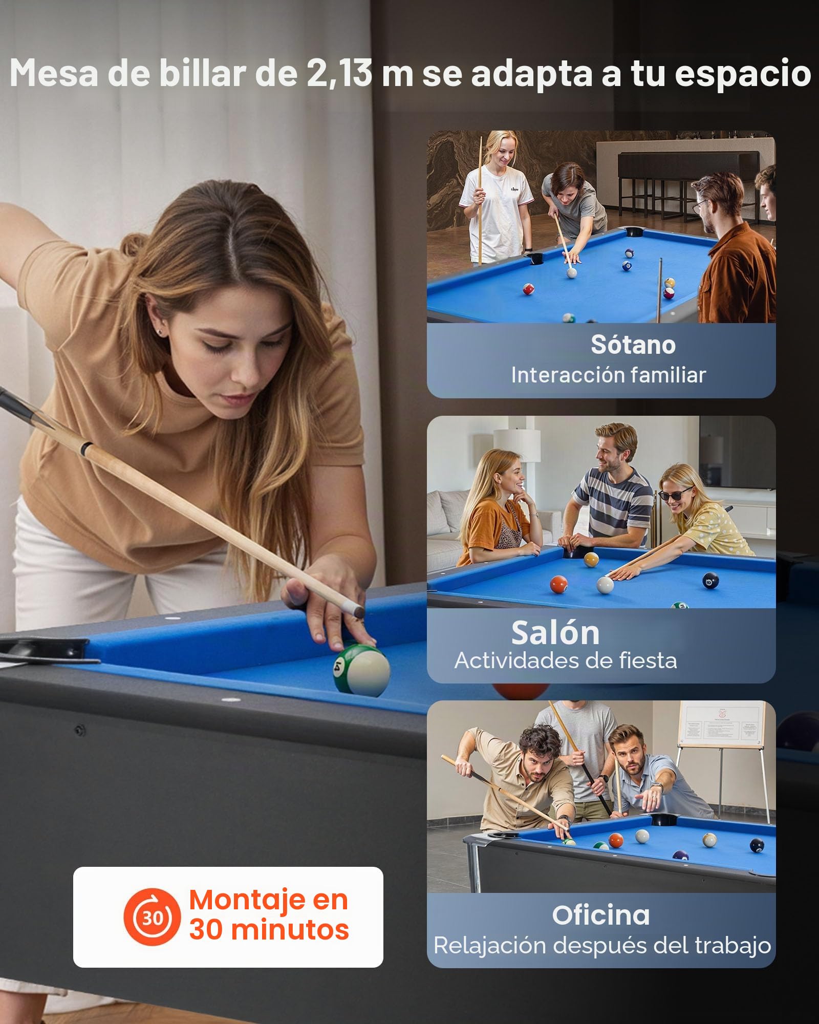 VEVOR Mesa de Billar Portátil, con Patas Ajustables, MDF, Estable y con Juego de Entretenimiento Que Incluye Bola, Taco, Soporte, Tiza y Cepillo, Color Negro con Paño Azul, 2135 x 1190 x 790 mm