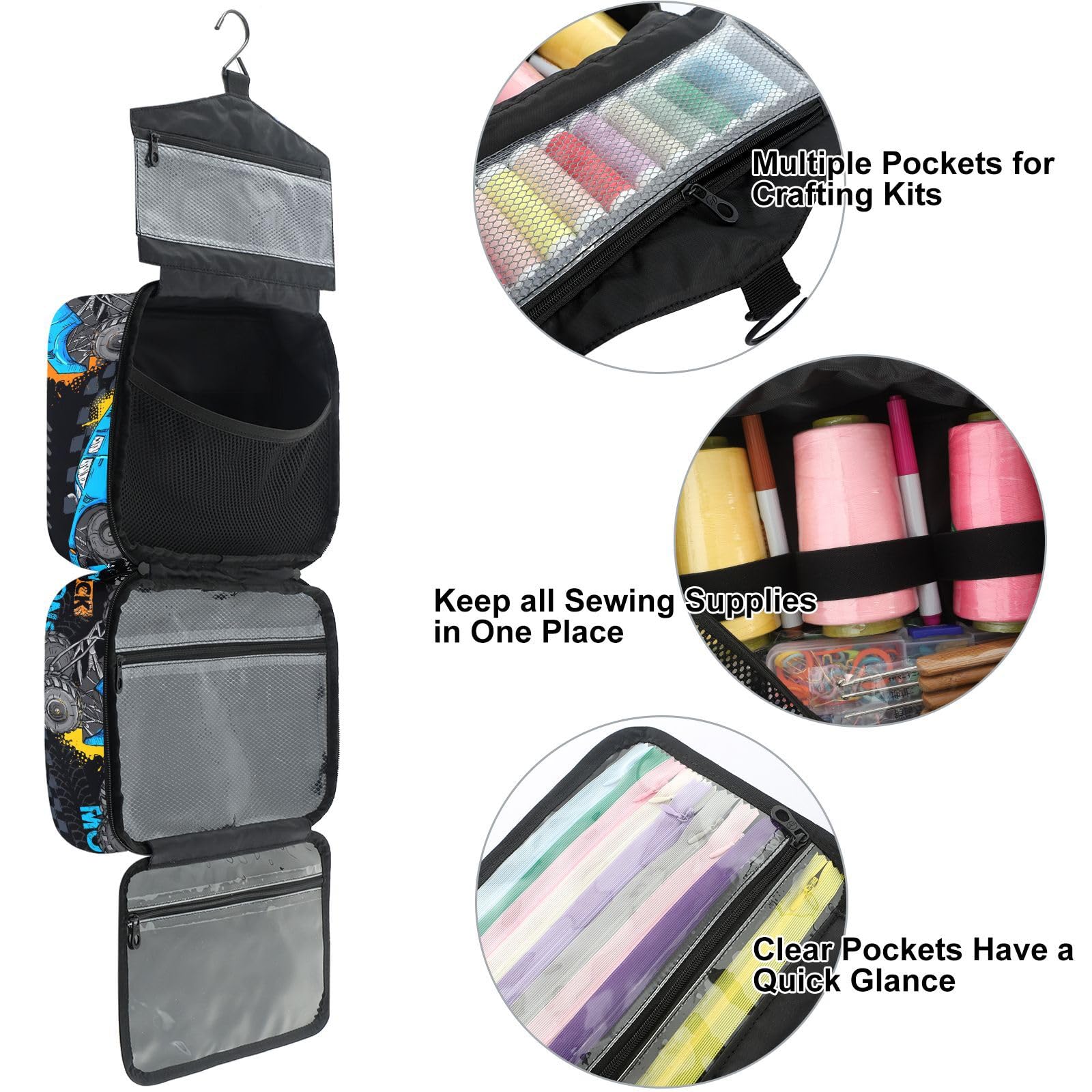 YNNALE Sewing Supply Organizer Bag, Truck Pattern Boy Portable Sewing Bags with Pockets&Hanger, Sewing Storage Box Case for Sew Supplies/Kit/Tools/Accessories (BAG ONLY)