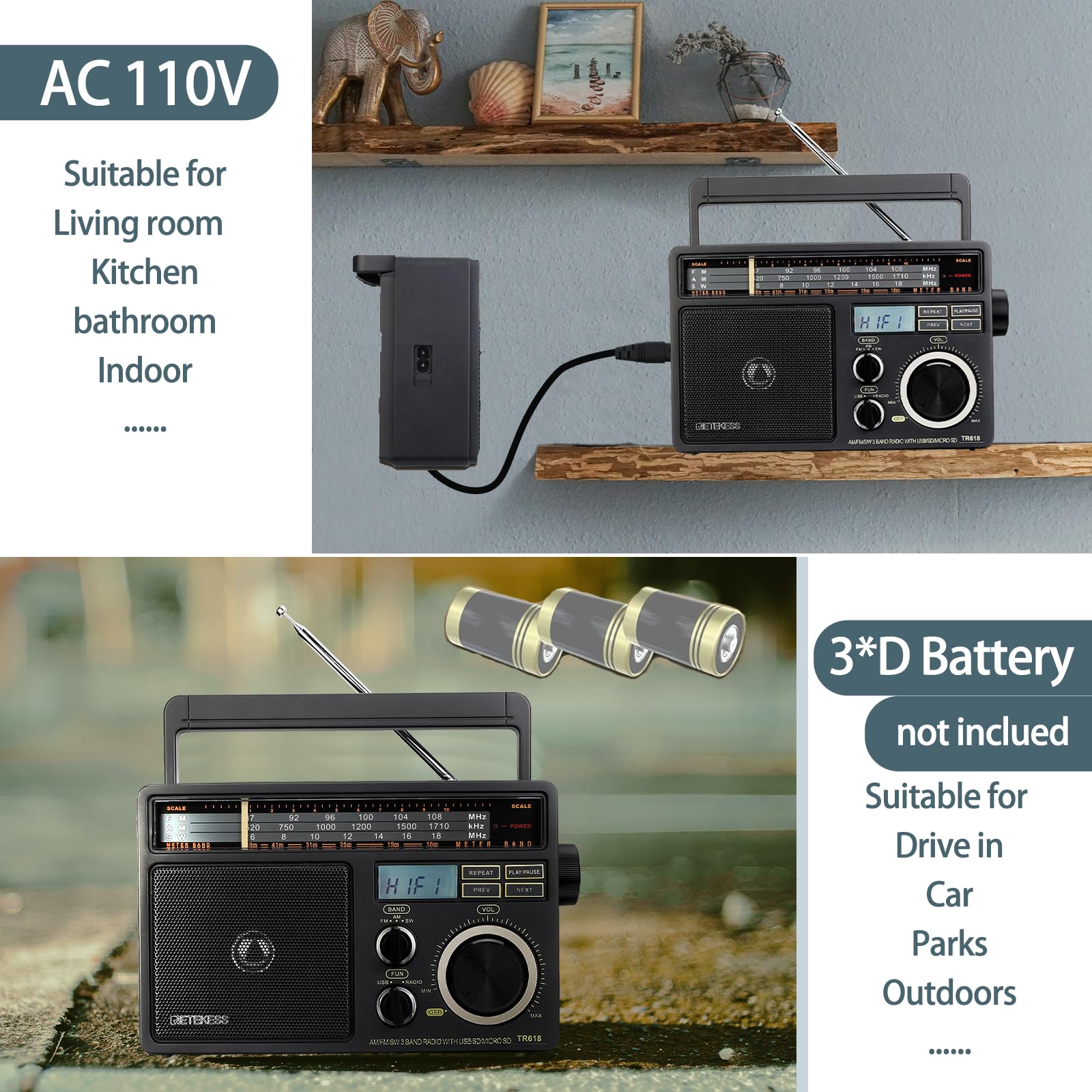 Retekess TR618 Poste Radio Portable, Radio Pile et Secteur, Transisitor FM AM SW, Lecteur MP3 USB SD TF, Prise de Casque, pour Personnes Âgées (Gris Foncé)