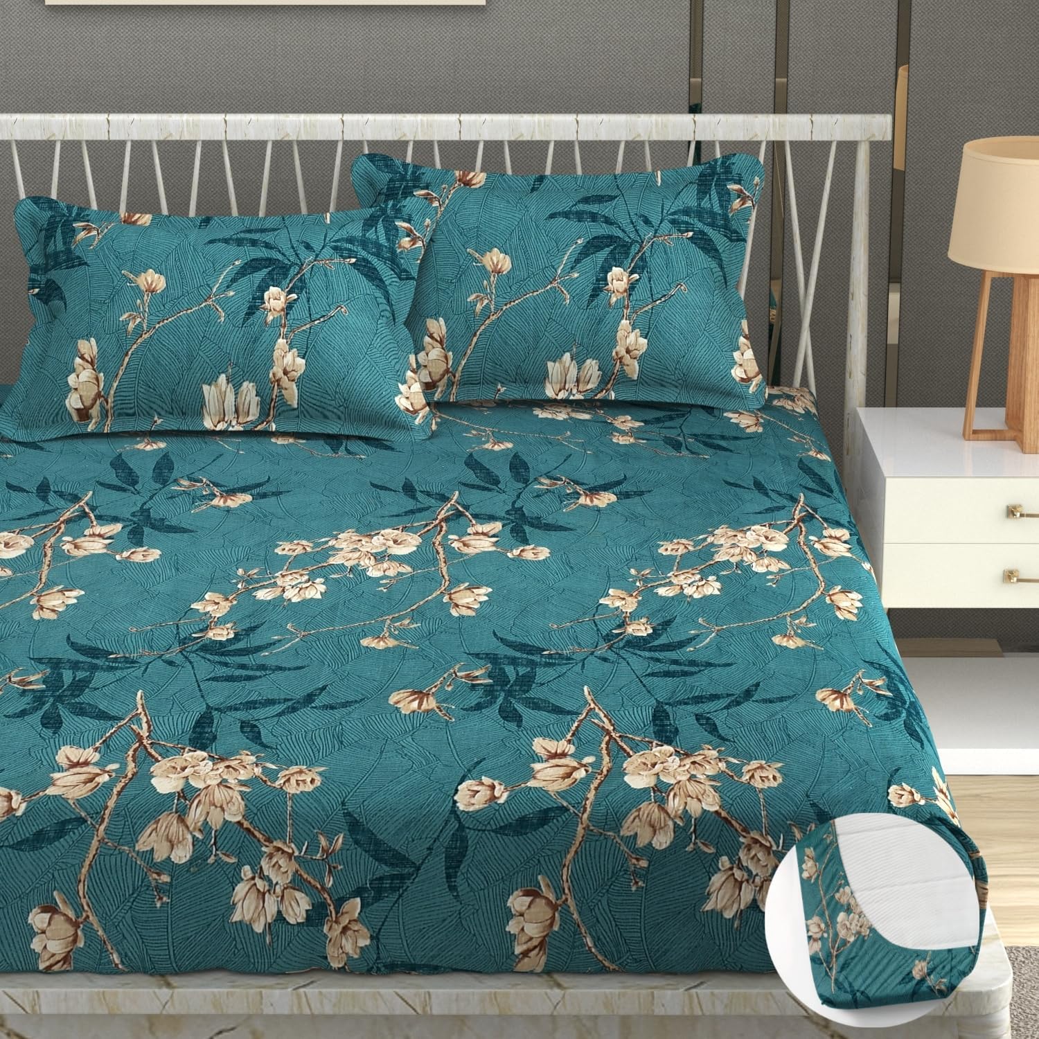 Vram Premium Heavy Cotton Elastic Fitted Bedsheets with 2 King Size Pillow Covers || Double Bed with All Around Elastic 350 TC || 72 x 78 x 10 Inch King Size Fitted || - Green Floral